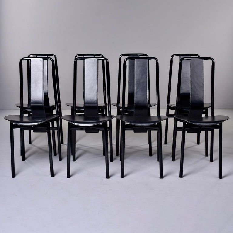 Italian Set of 8 Black Leather Irma Chairs by Achille Castigliono for Zenotta For Sale