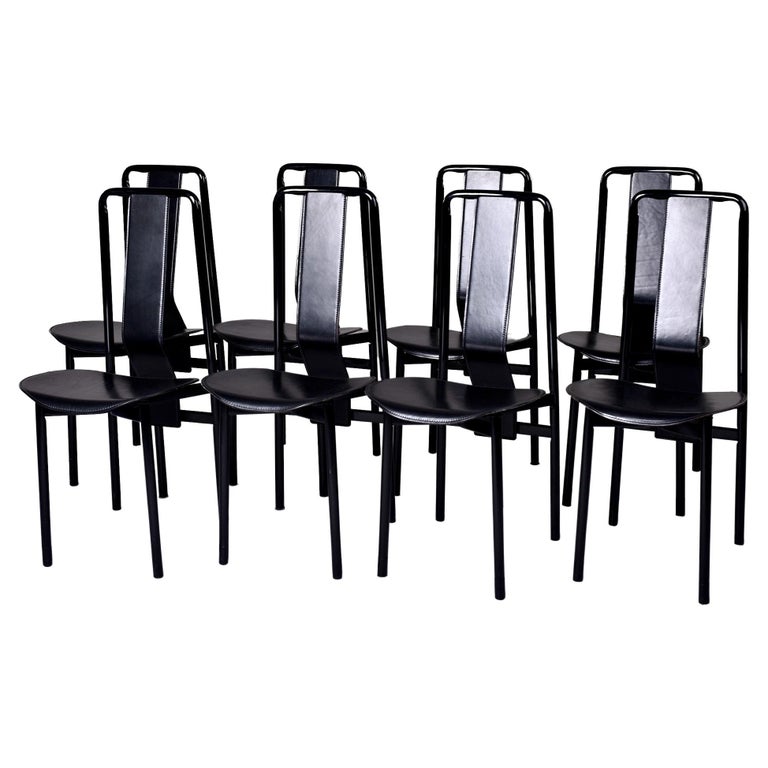 Set of 8 Black Leather Irma Chairs by Achille Castigliono for Zenotta For Sale