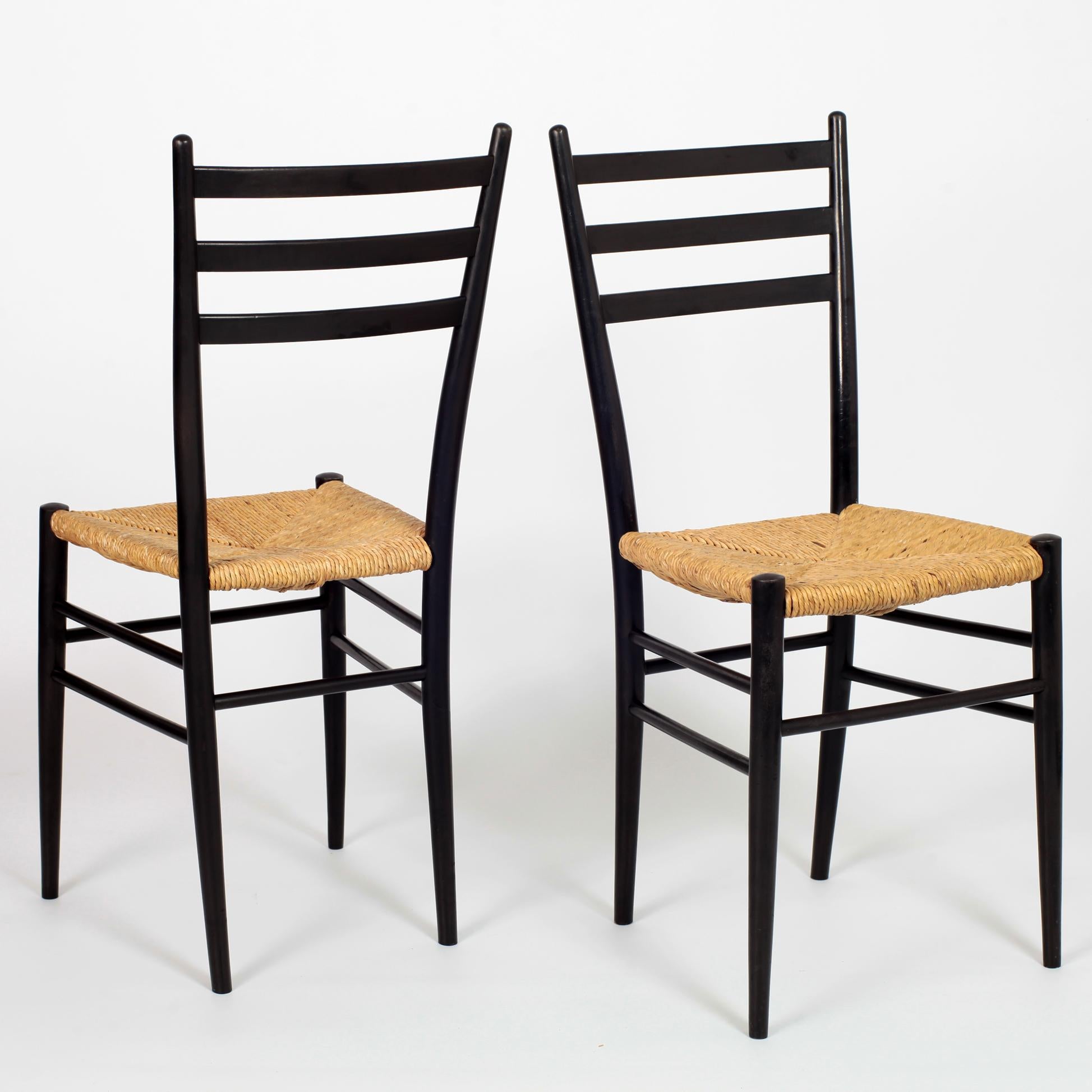 Set of 8 Black Wood and Straw Italian Chairs, 1960s 5