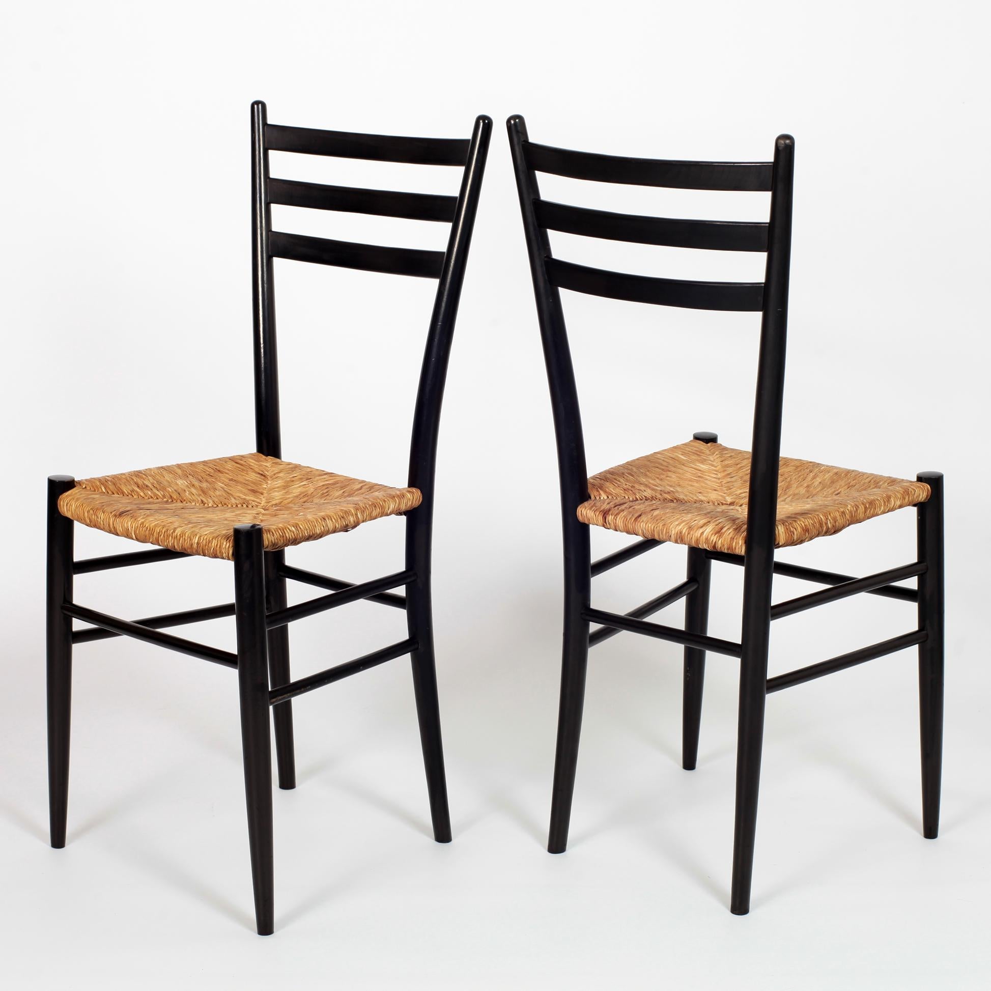 Set of 8 Black Wood and Straw Italian Chairs, 1960s 7