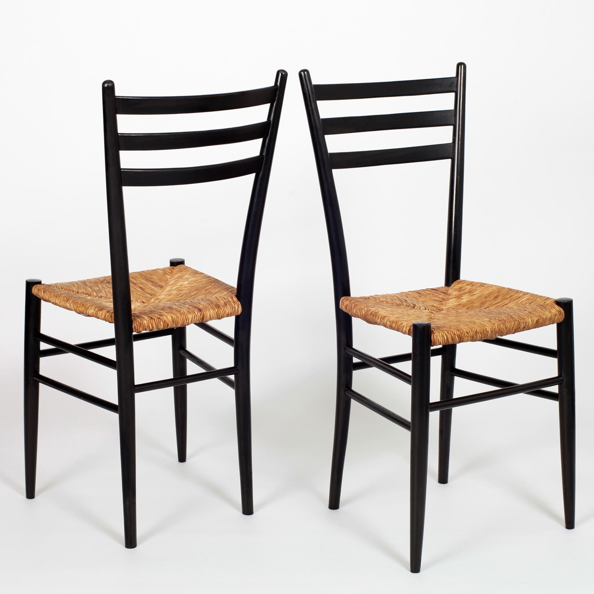 Set of 8 Black Wood and Straw Italian Chairs, 1960s 8