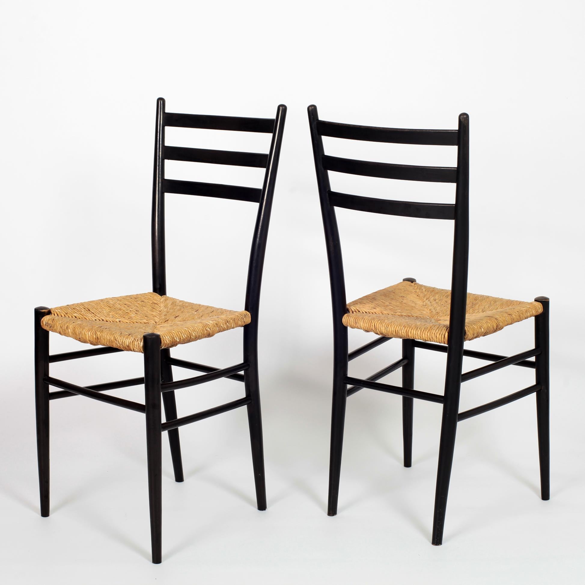 Set of 8 Black Wood and Straw Italian Chairs, 1960s 10