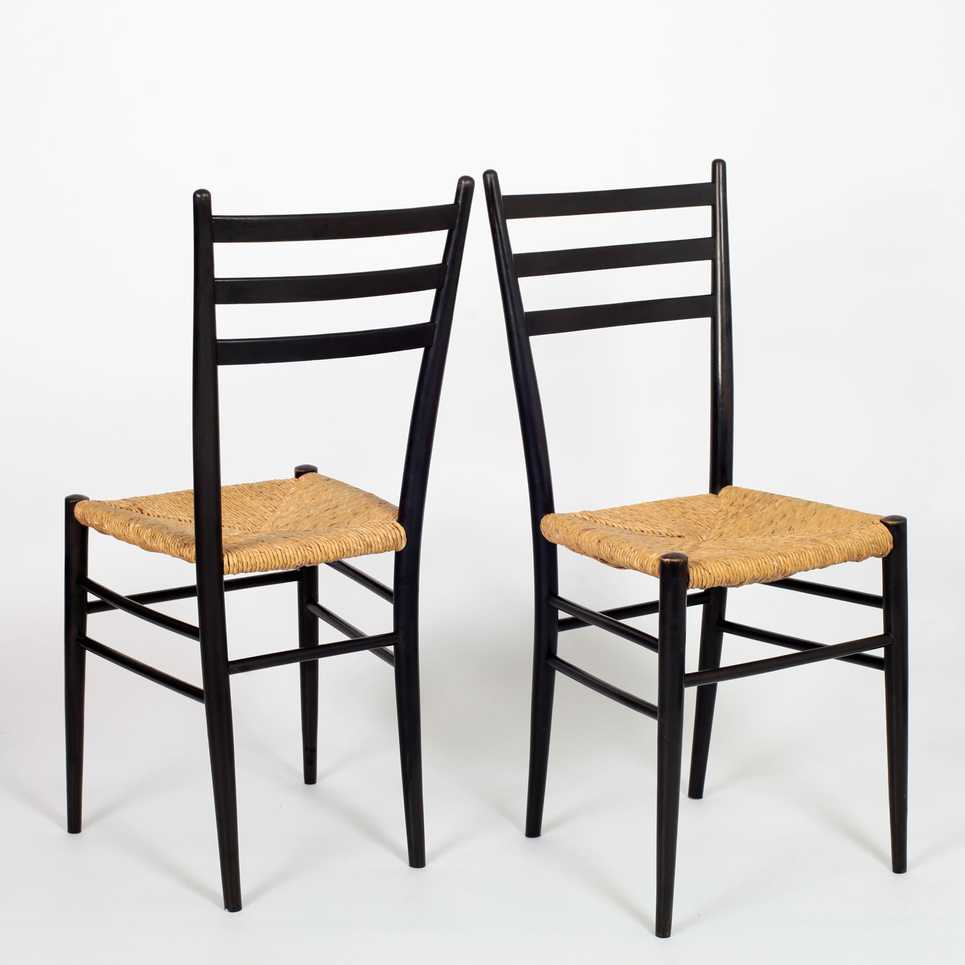 Set of 8 Black Wood and Straw Italian Chairs, 1960s 11