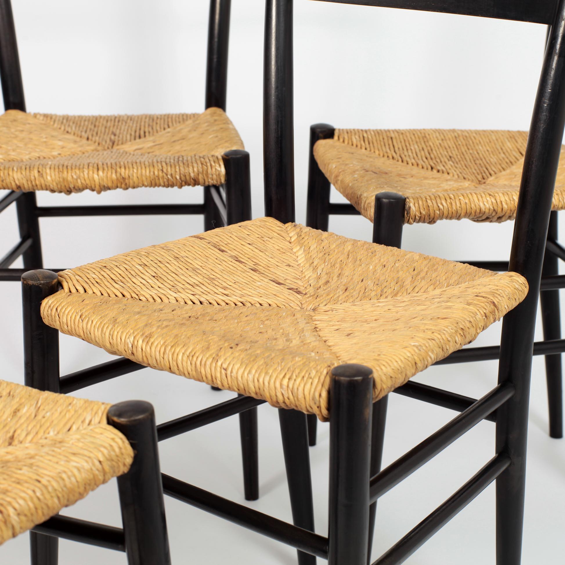 Set of 8 Black Wood and Straw Italian Chairs, 1960s 13
