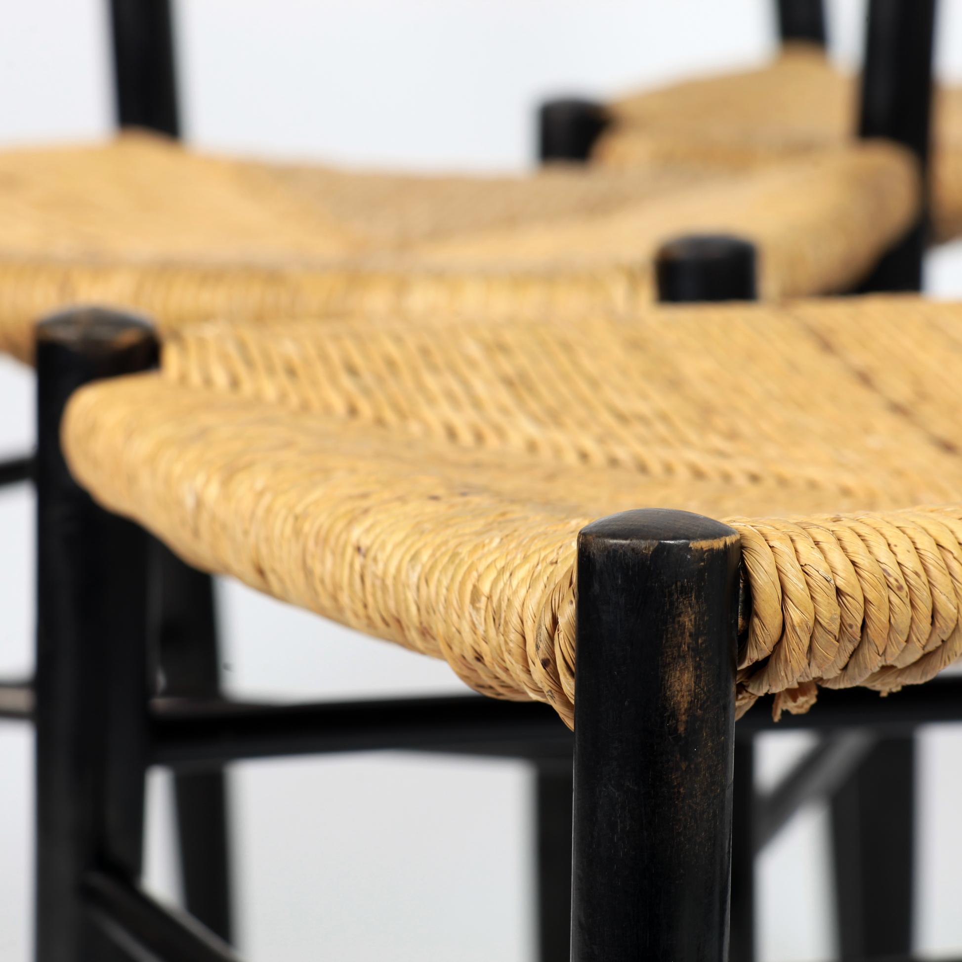 Set of 8 Black Wood and Straw Italian Chairs, 1960s 14