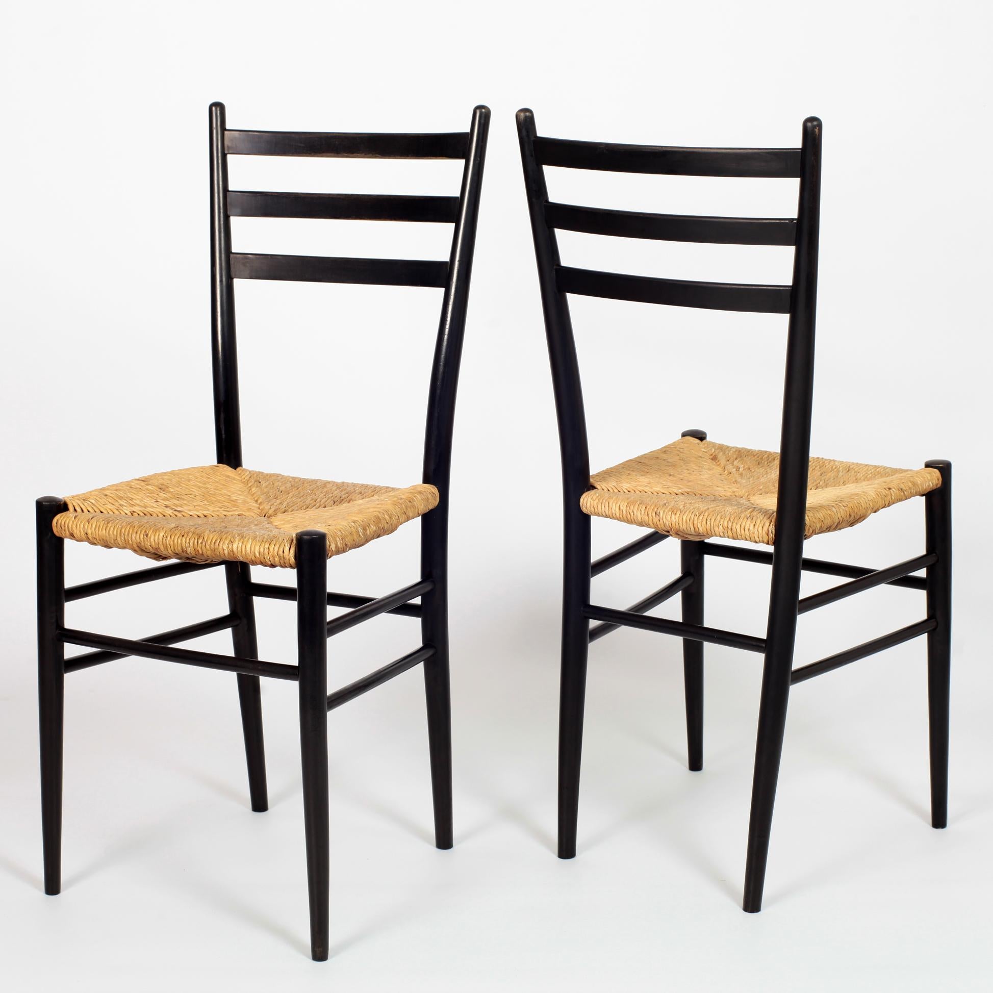 Set of 8 Black Wood and Straw Italian Chairs, 1960s 1