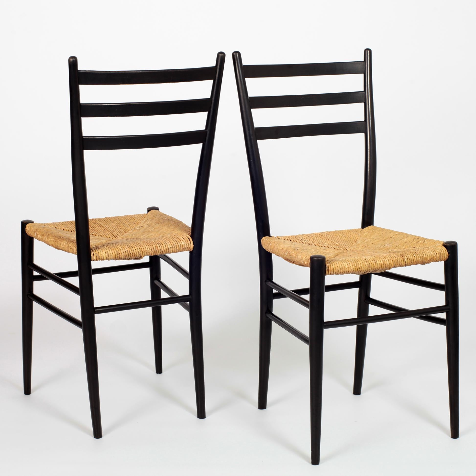 Set of 8 Black Wood and Straw Italian Chairs, 1960s 2