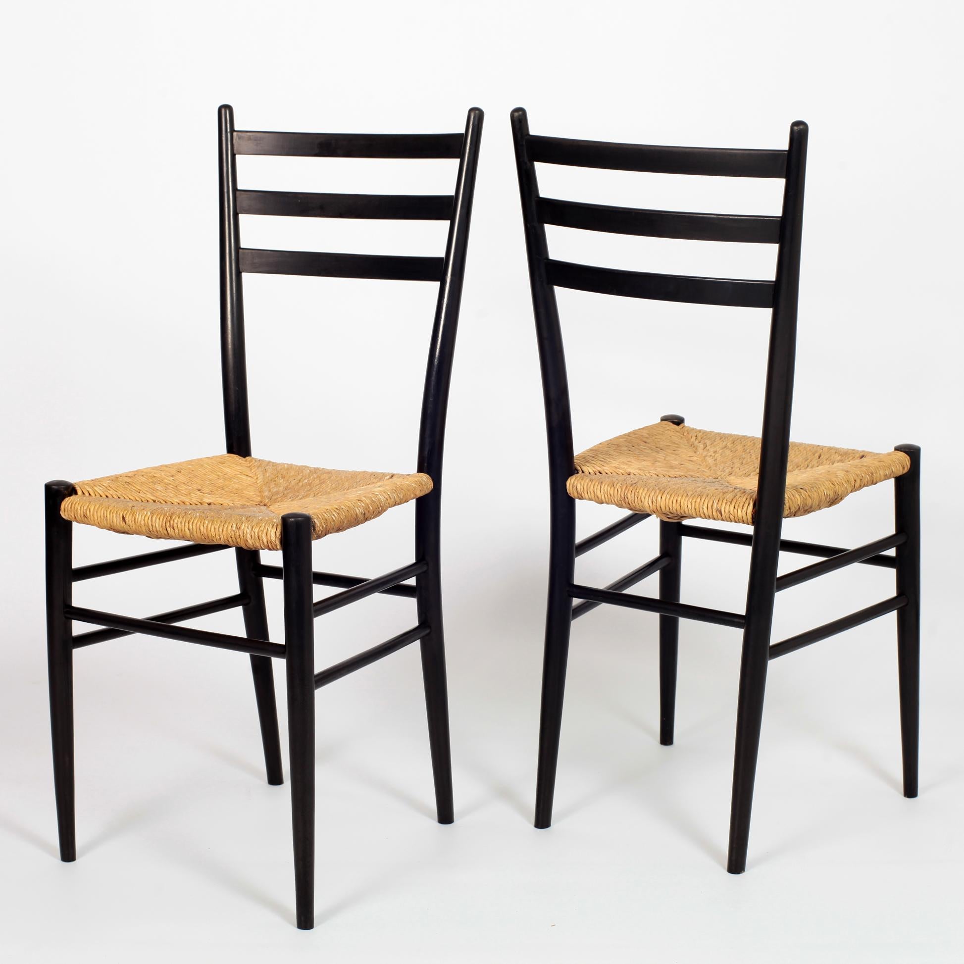 Set of 8 Black Wood and Straw Italian Chairs, 1960s 4