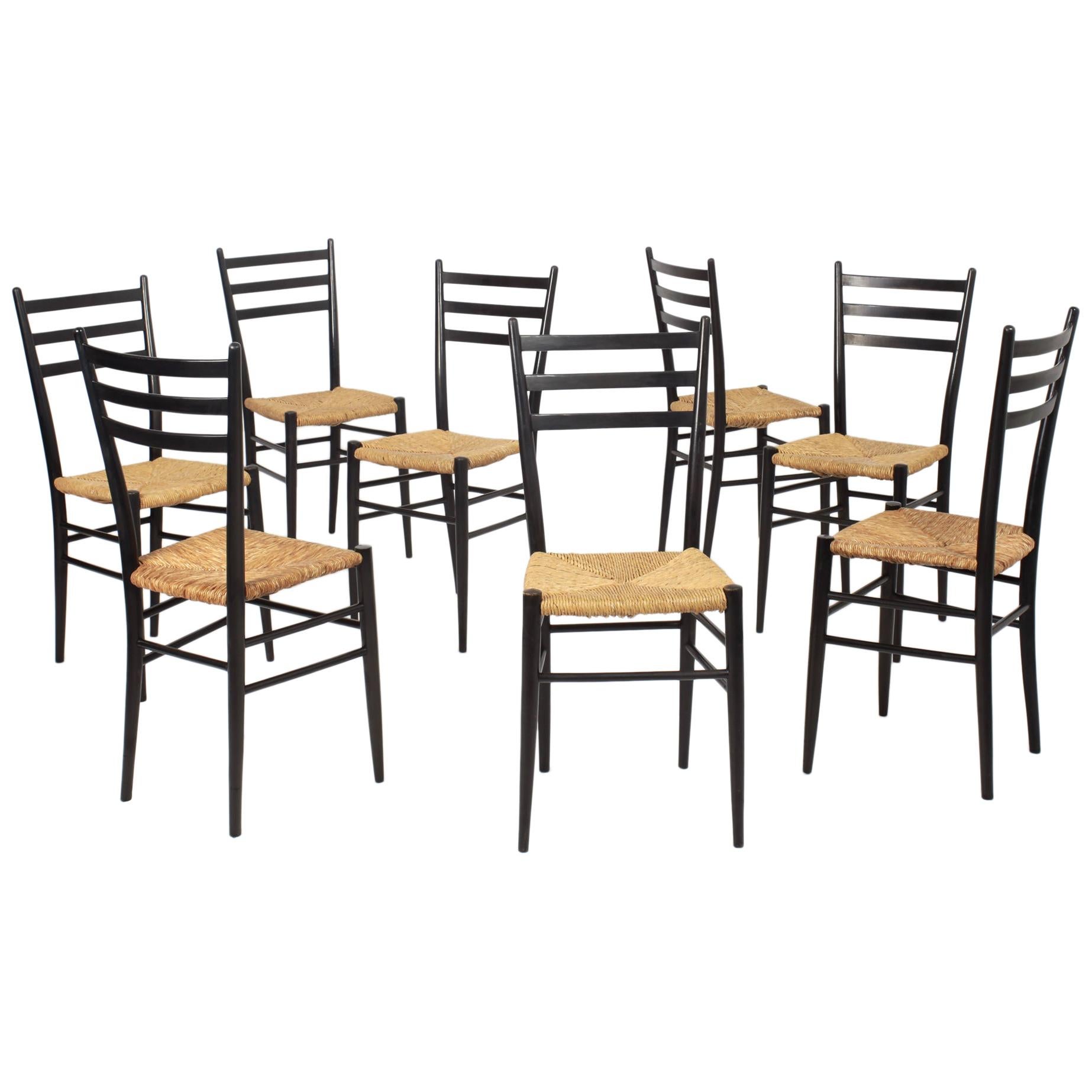Set of 8 Black Wood and Straw Italian Chairs, 1960s