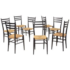 Set of 8 Black Wood and Straw Italian Chairs, 1960s
