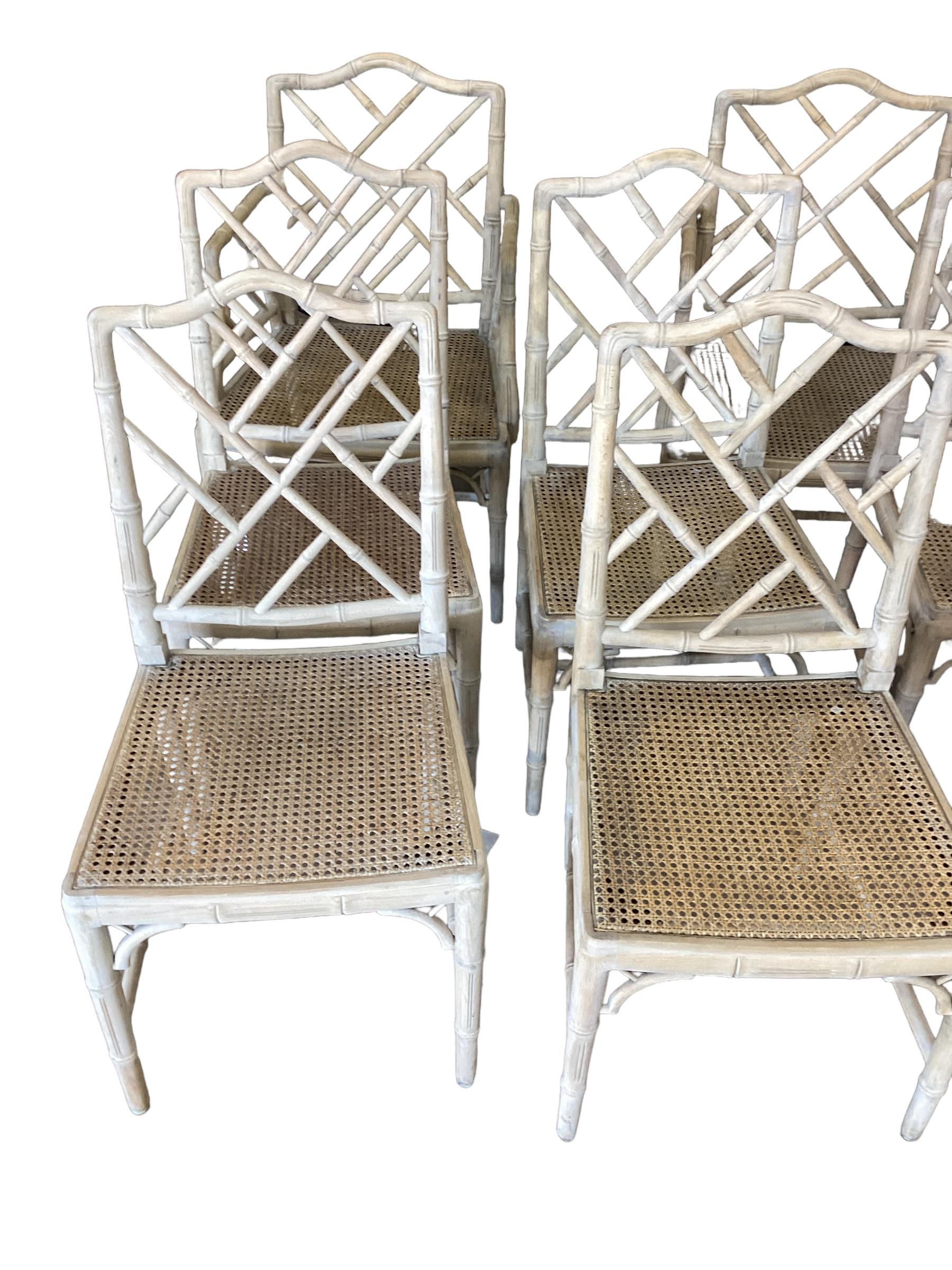 American Set of 8 Bleached Chinese Chippendale Faux Bamboo Dining Chairs  For Sale