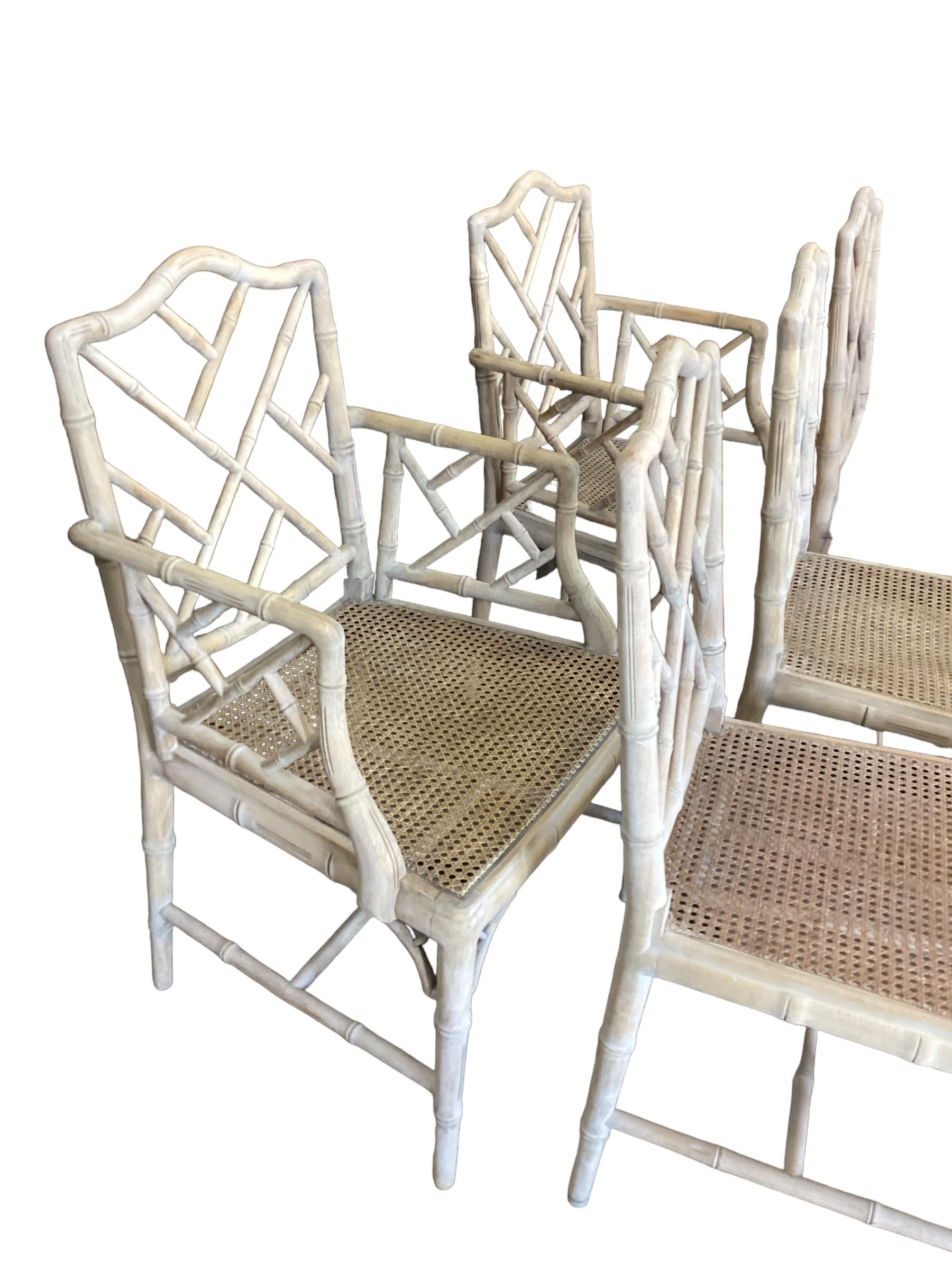 Set of 8 Bleached Chinese Chippendale Faux Bamboo Dining Chairs  In Good Condition For Sale In Chapel Hill, NC