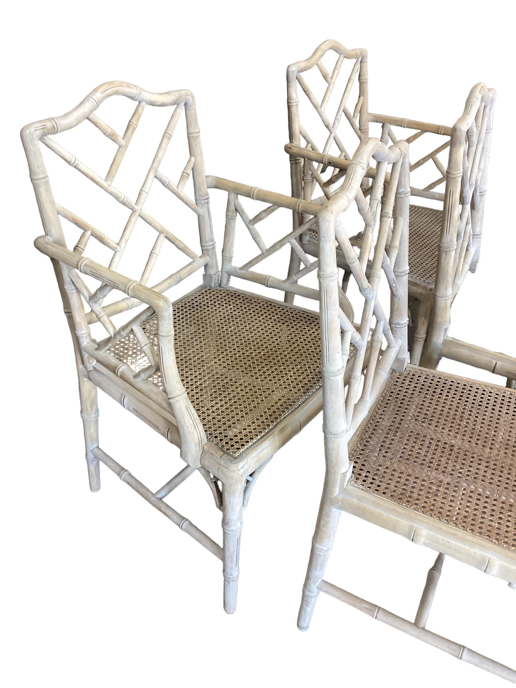 20th Century Set of 8 Bleached Chinese Chippendale Faux Bamboo Dining Chairs  For Sale