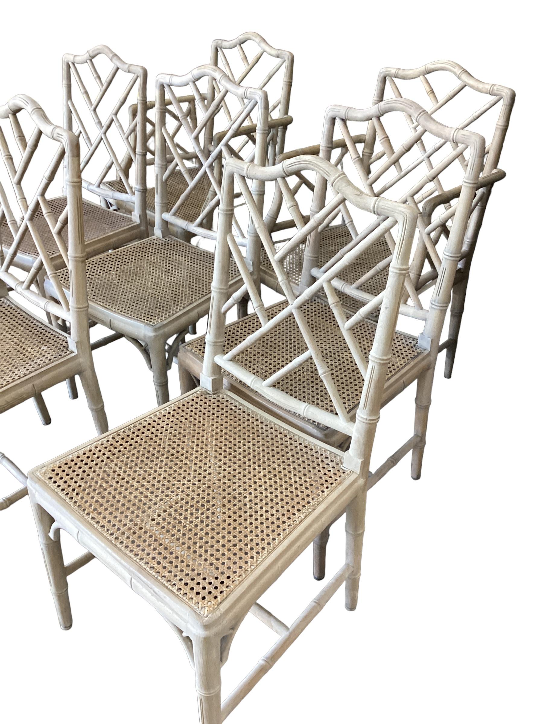 Cane Set of 8 Bleached Chinese Chippendale Faux Bamboo Dining Chairs  For Sale
