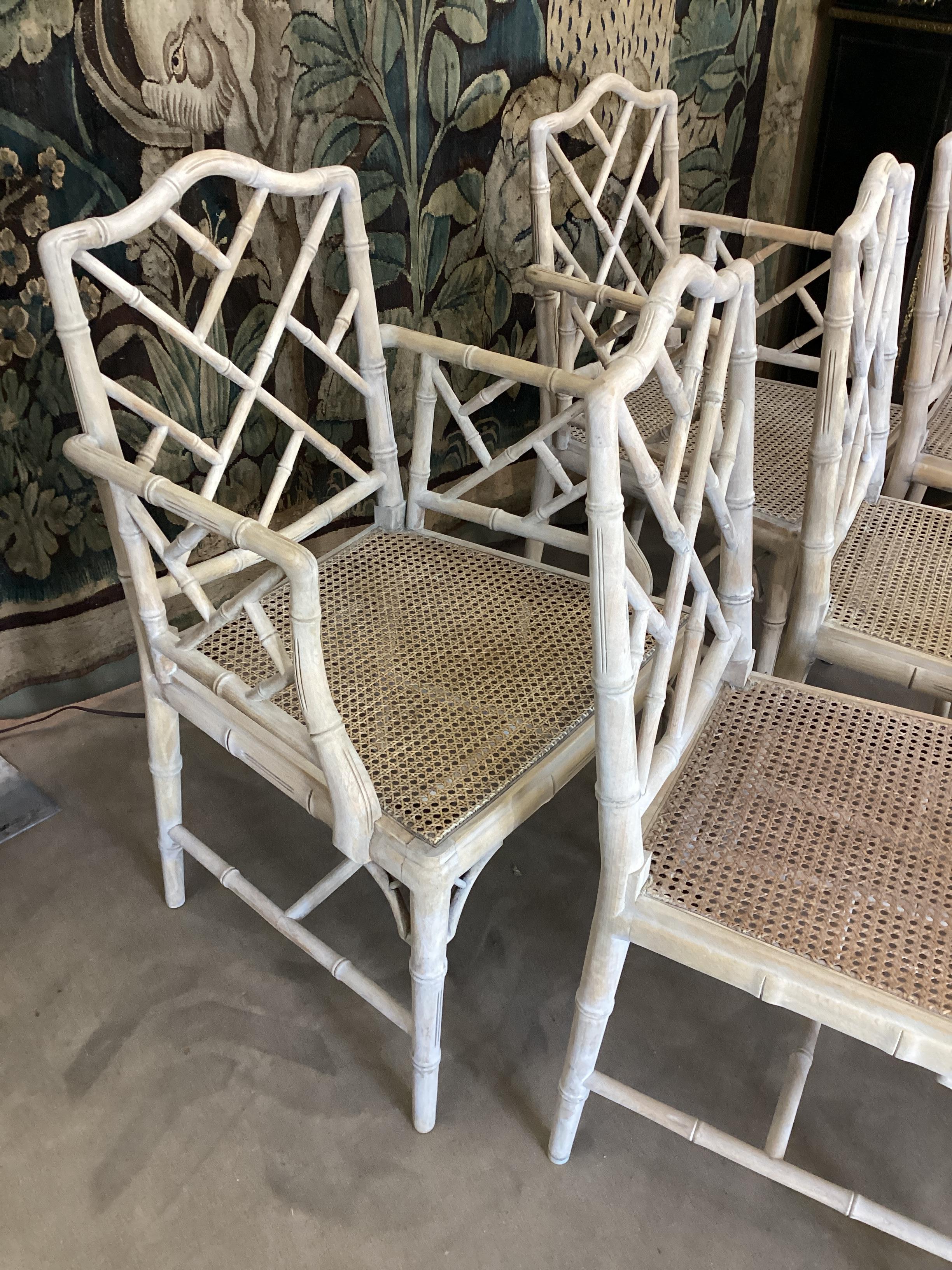 Set of 8 Bleached Chinese Chippendale Faux Bamboo Dining Chairs  For Sale 1