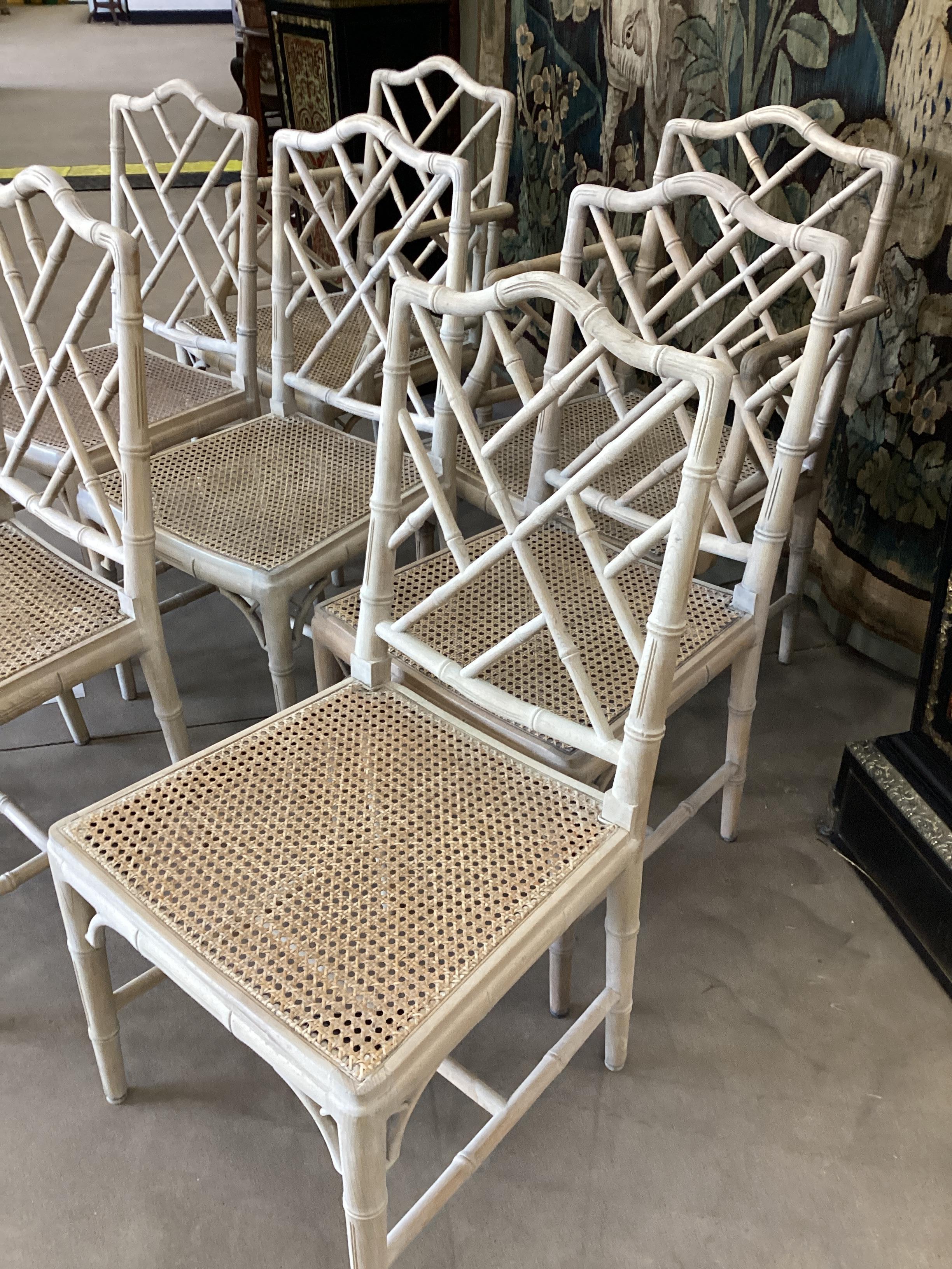 Set of 8 Bleached Chinese Chippendale Faux Bamboo Dining Chairs  For Sale 2