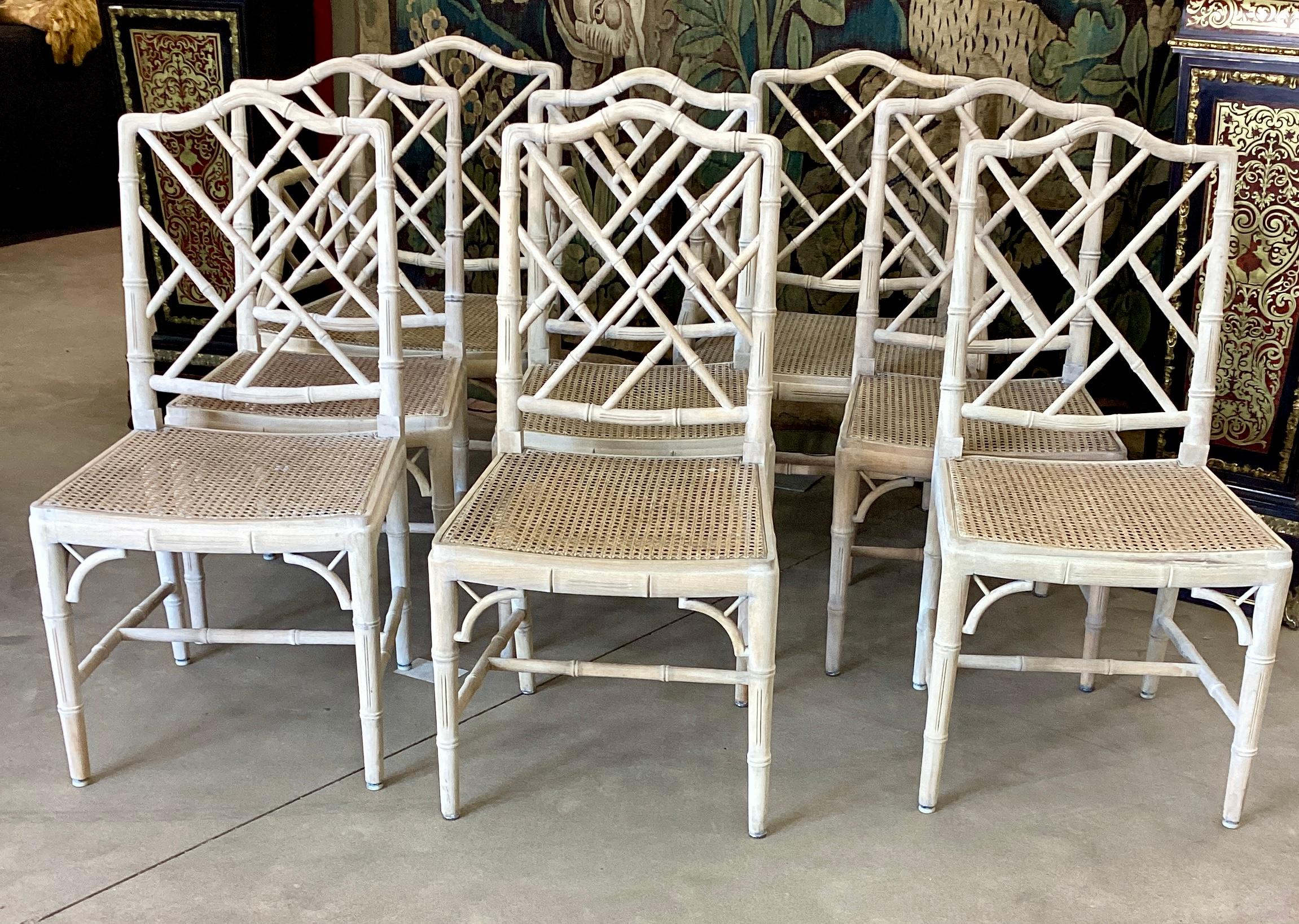 Set of 8 Bleached Chinese Chippendale Faux Bamboo Dining Chairs  For Sale 3