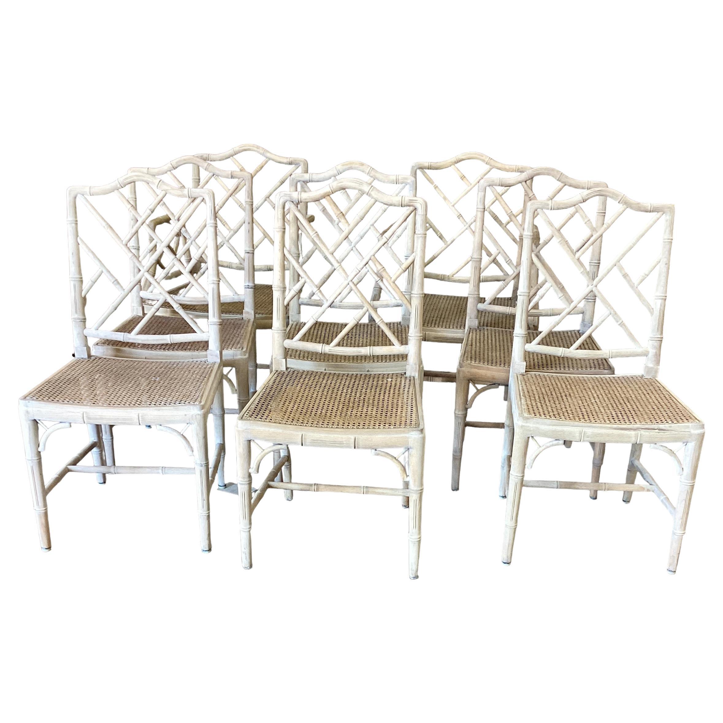 Set of 8 Bleached Chinese Chippendale Faux Bamboo Dining Chairs  For Sale