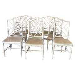 Vintage Set of 8 Bleached Chinese Chippendale Faux Bamboo Dining Chairs 