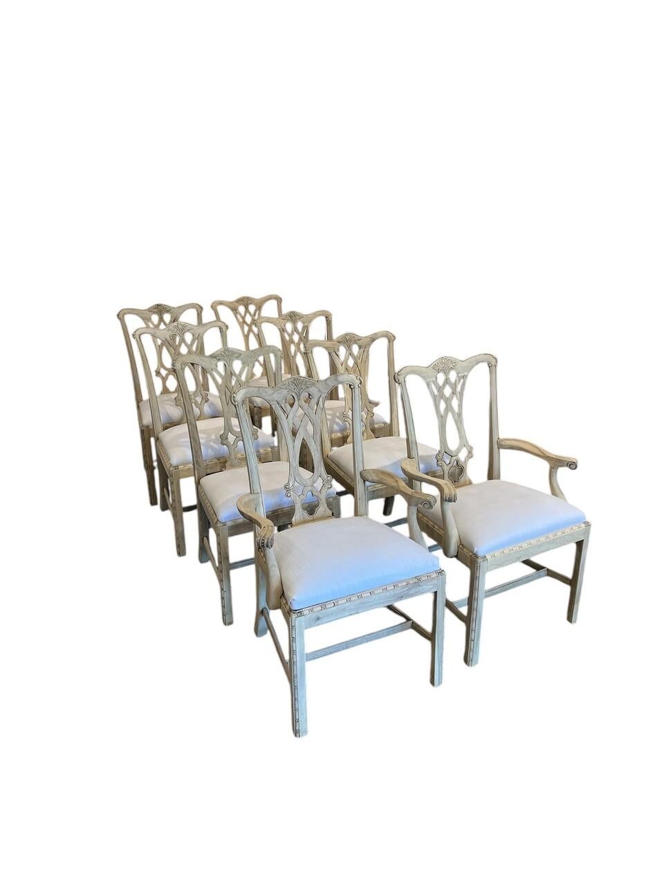 Set of 8 Bleached Mahogany Theodore Alexander Rococo Style Chippendale Chairs.
2 armchairs and 6 side chairs
One of a kind! Chairs were stripped and bleached for a more updated design.