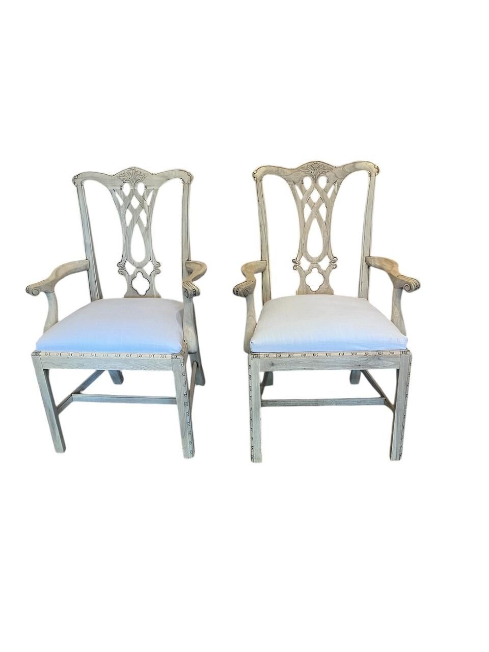 American Set of 8 Bleached Mahogany Theodore Alexander Rococo Style Chippendale Chairs