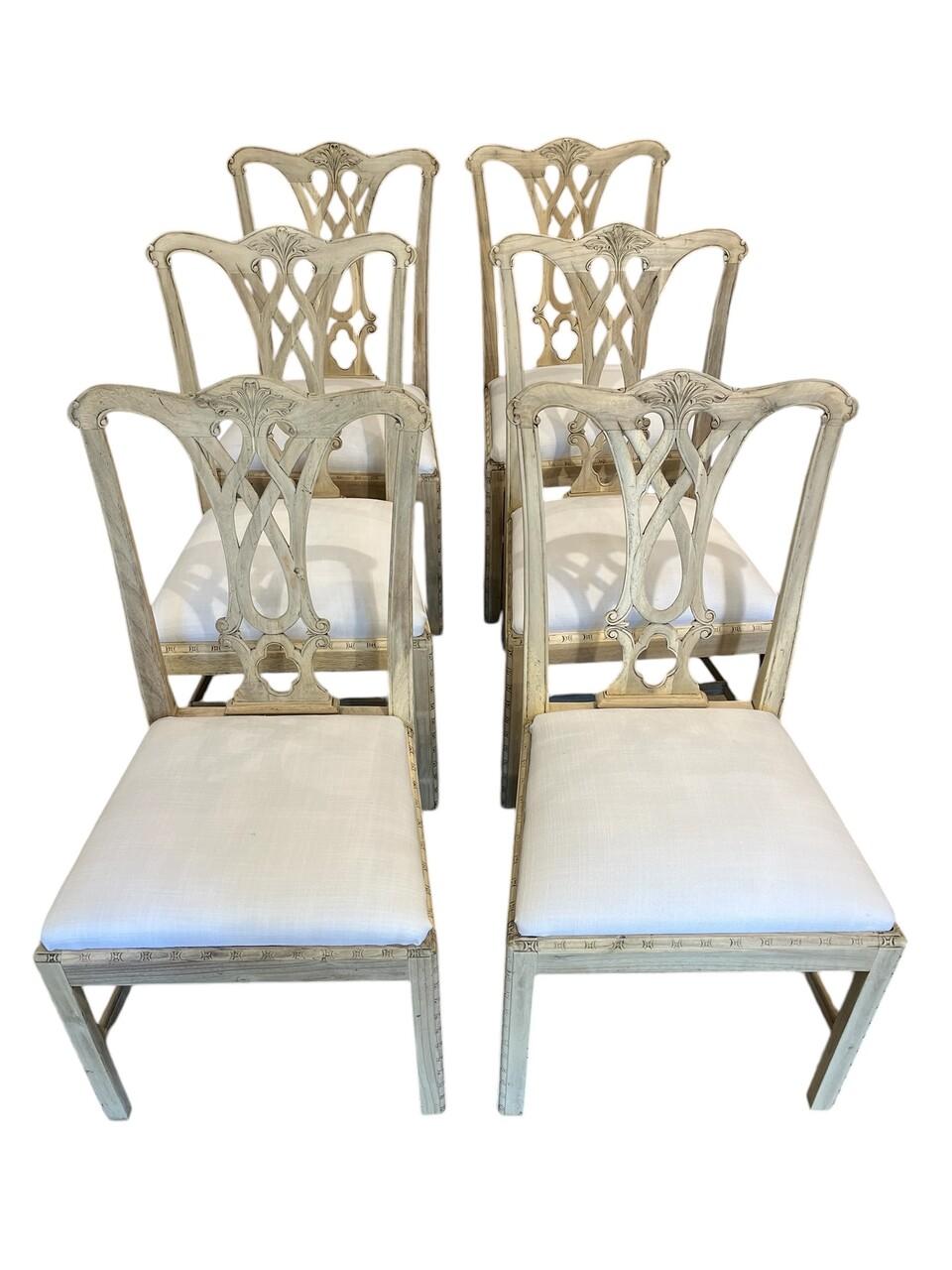 Wood Set of 8 Bleached Mahogany Theodore Alexander Rococo Style Chippendale Chairs