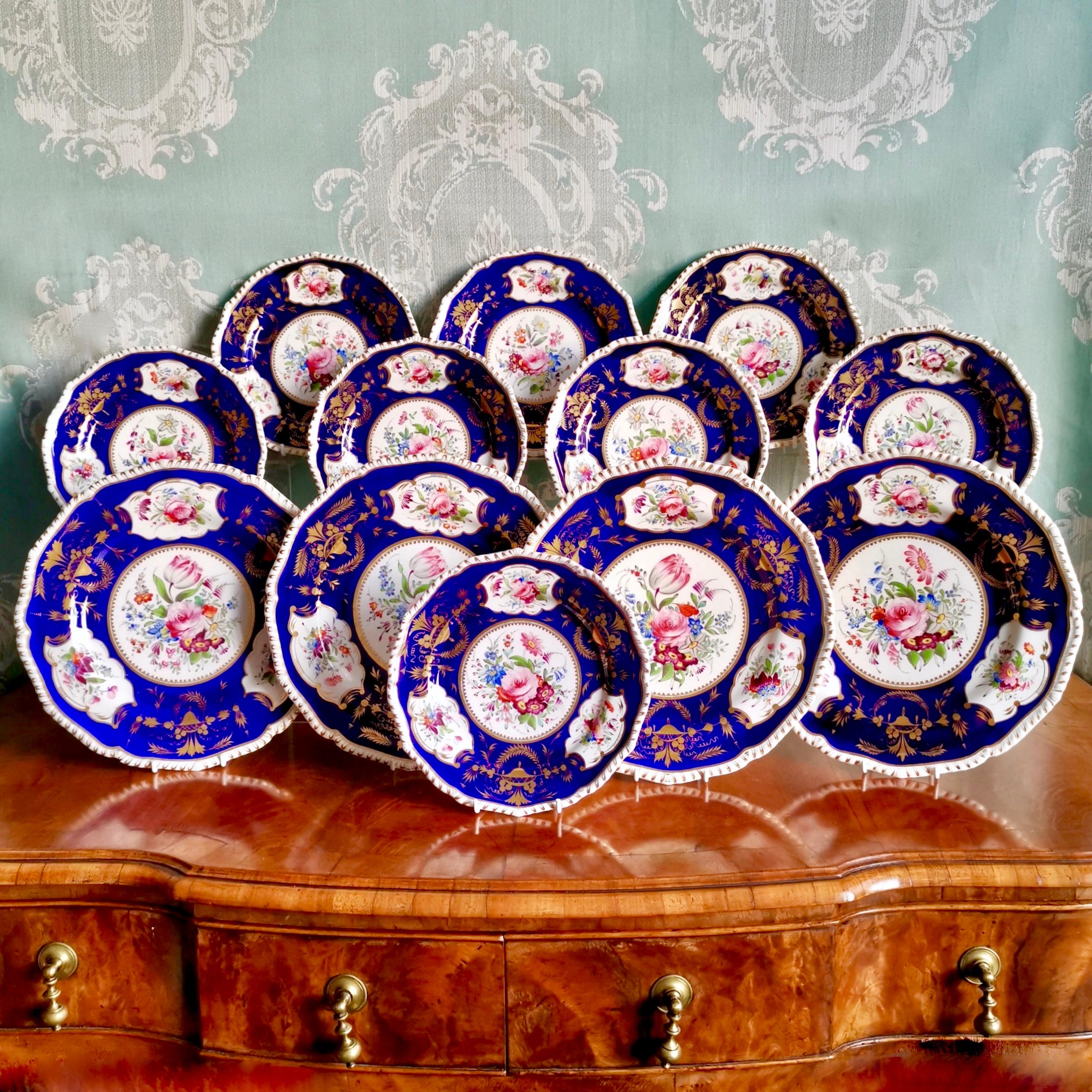 This is a set of 8 dessert plates made by Bloor Derby between 1825 and 1830.

I have a matching set of four dinner plates in the same pattern available (see second picture).

The Derby Porcelain Company, later called Royal Crown Derby, is currently