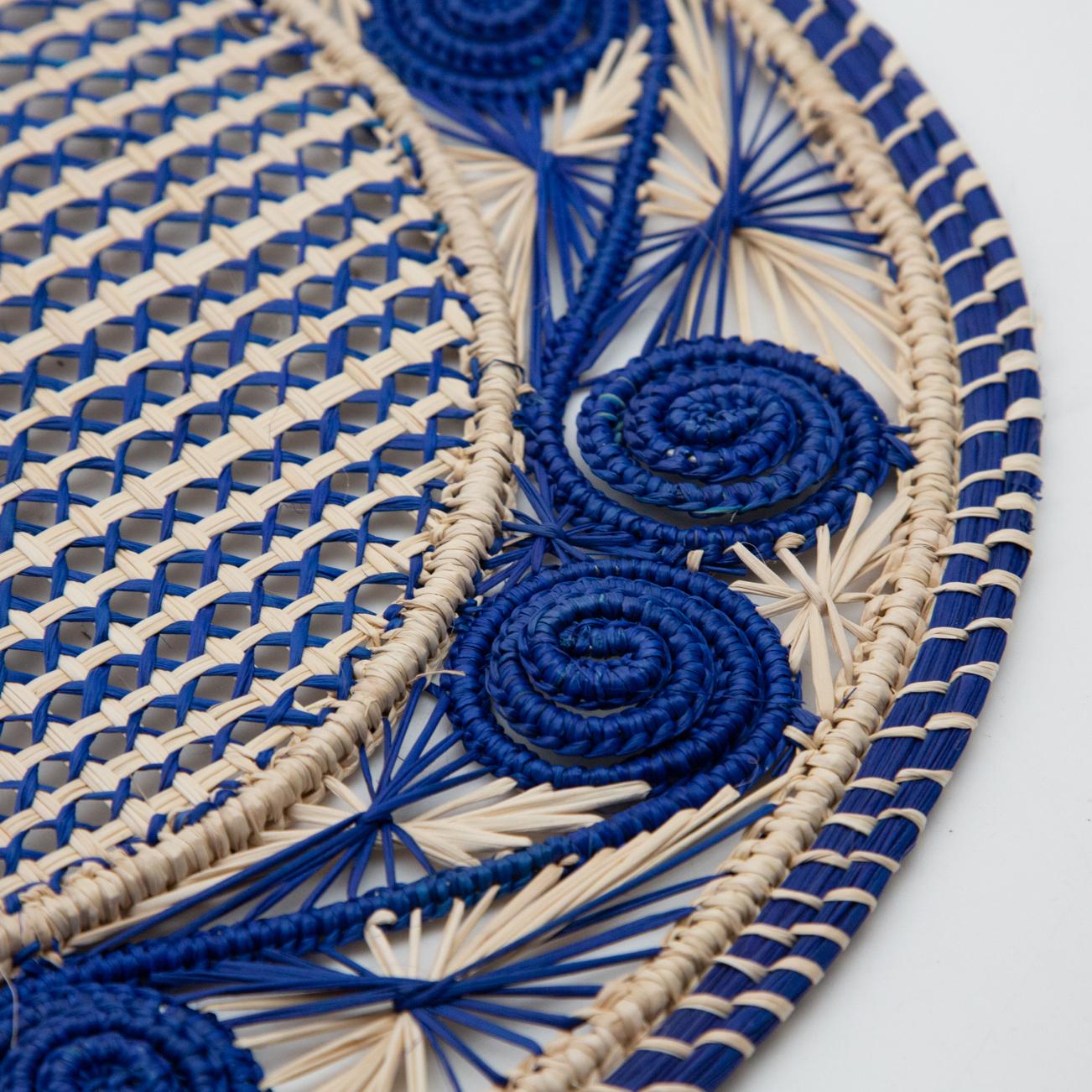 Hand-Woven Set of 8 Blue and Cream Round Iraca Fibre Placemats