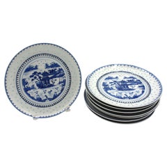 Antique Set of 8 Blue Canton Rice Ware Salad or Dessert Plates, Chinese Export
