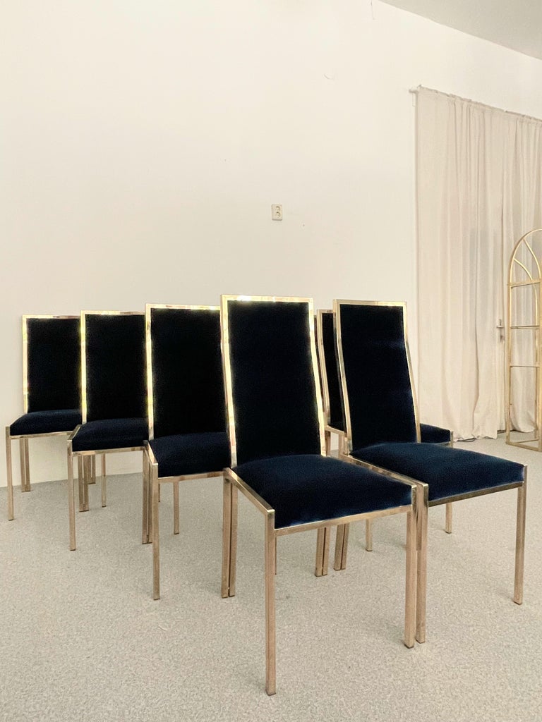 Vintage set of six brass-plated chrome chairs, designed and manufactured in Firenze Italy in the 1970s.
 The dining chairs are made of square metal tubes that create a comfortable and sophisticated construction. 
The upholstery is covered in