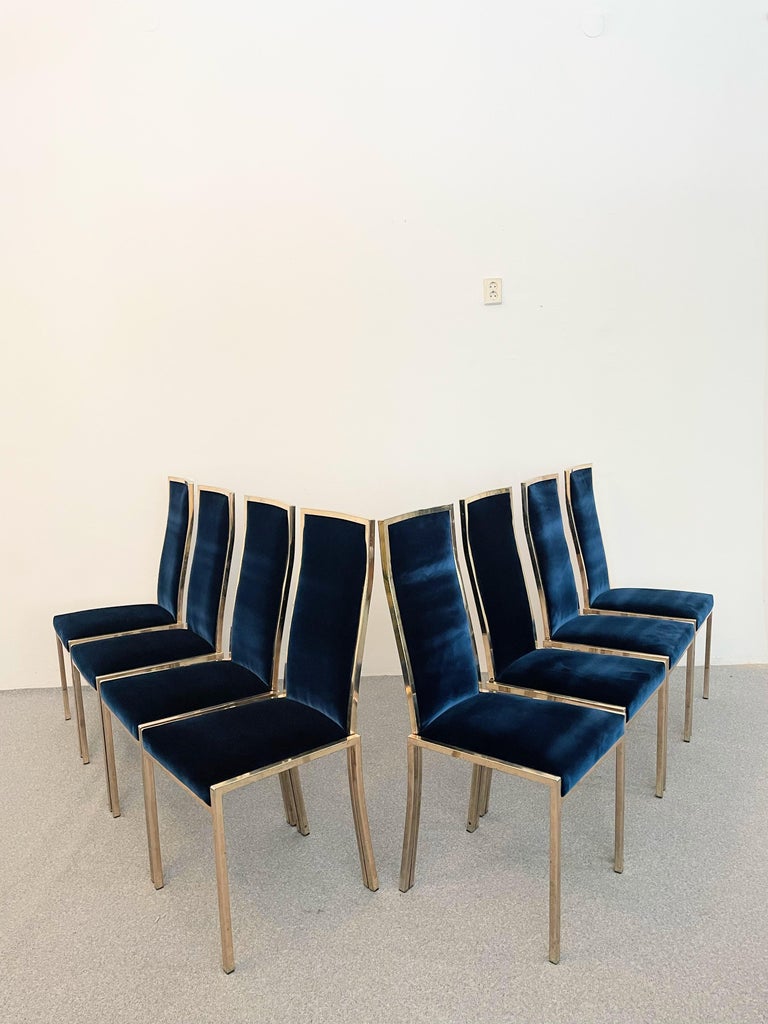 Modern Set of 8 Blue Velvet Dining Chairs, Italy, 1970