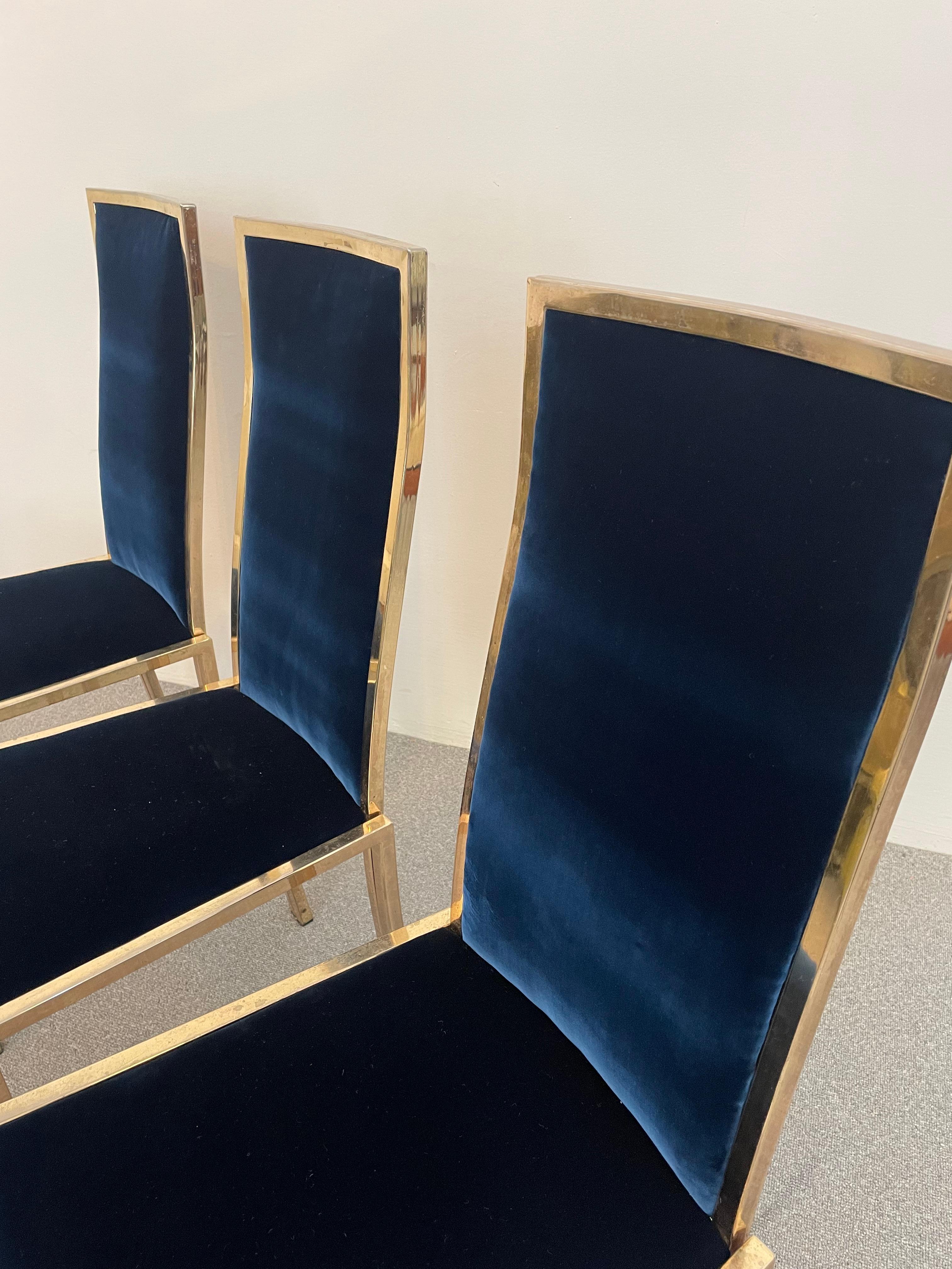 Brass Set of 8 Blue Velvet Dining Chairs, Italy, 1970