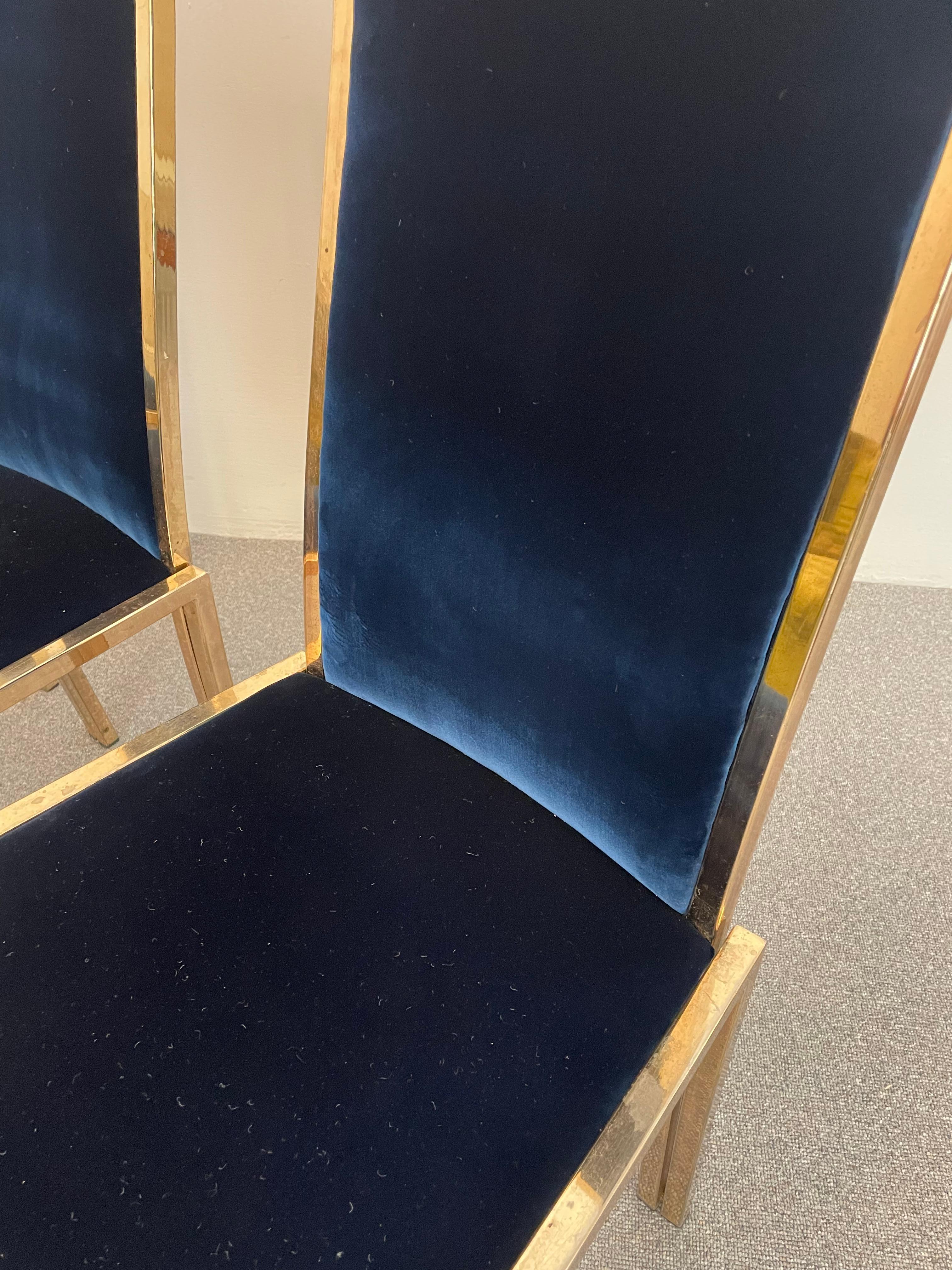 Set of 8 Blue Velvet Dining Chairs, Italy, 1970 1