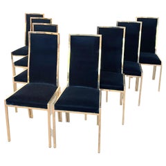 Set of 8 Blue Velvet Dining Chairs, Italy, 1970