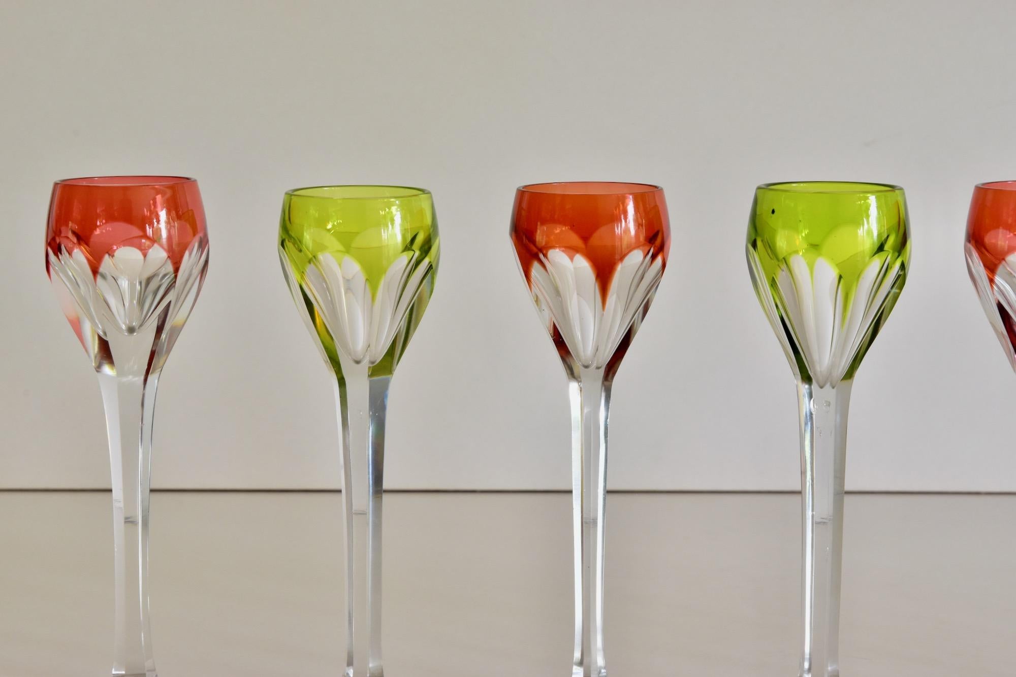 Lot of six antique crystal Bohemian glasses. Different in color.
Originals from the 1930-1960s. Mouthblown and handcut. No damages, no chips only small signs of use.

Price for the set of eight.