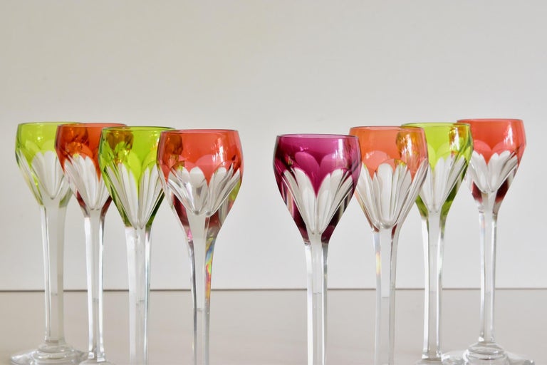 Set of 8 Bohemian Glasses Multicolored Antique Crystal Cordials For Sale at 1stDibs