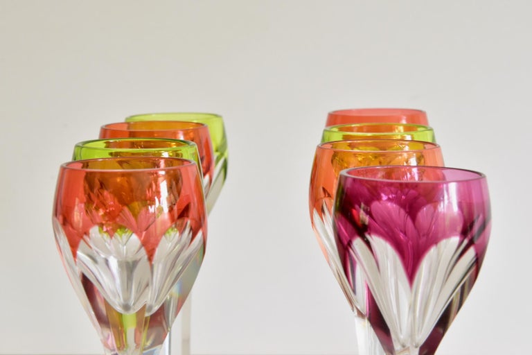 Set of 8 Bohemian Glasses Multicolored Antique Crystal Cordials For Sale at 1stDibs