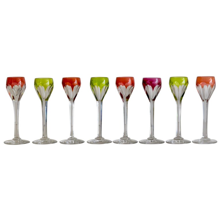 Set of 8 Bohemian Glasses Multicolored Antique Crystal Cordials For Sale at 1stDibs