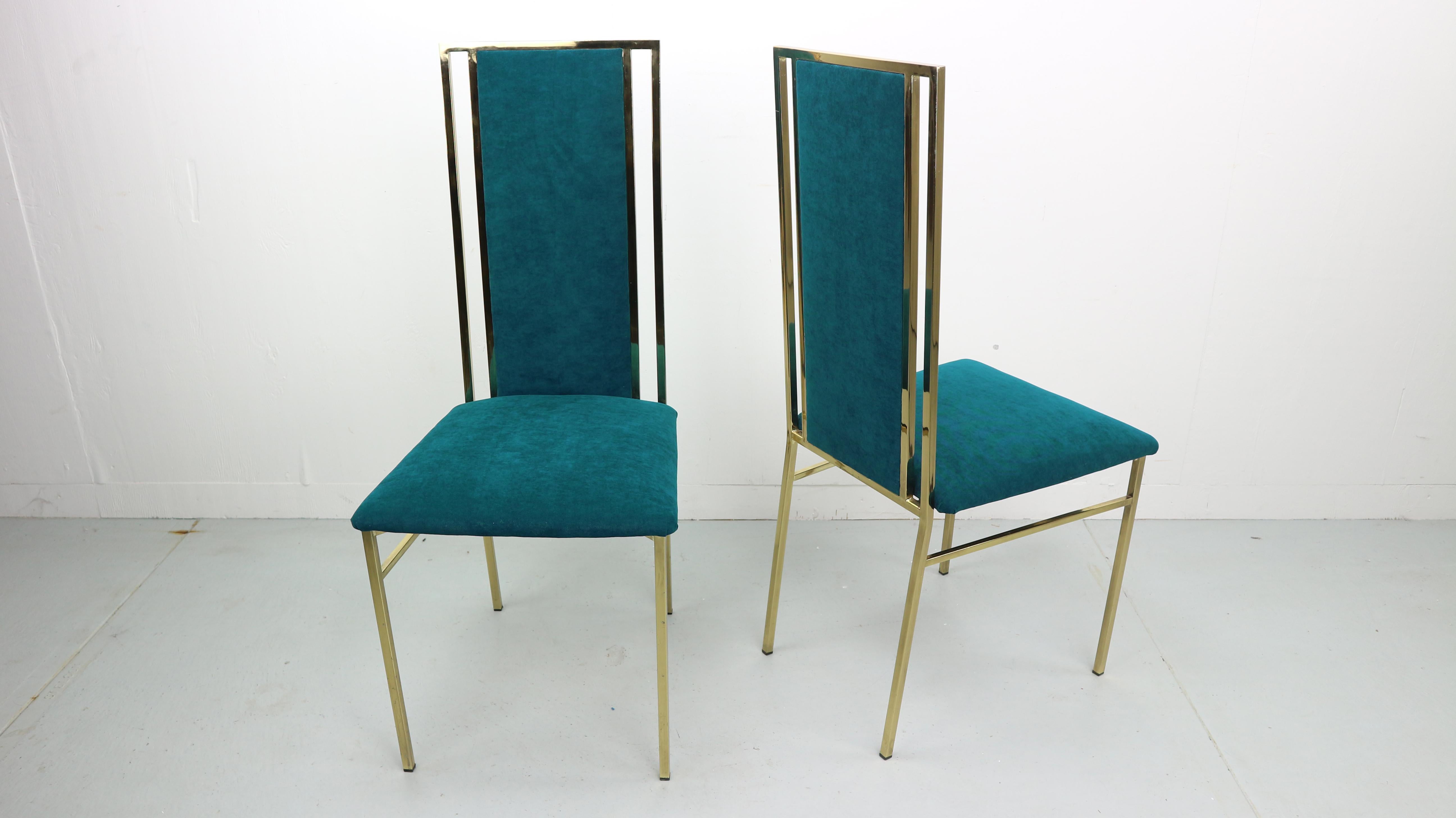 Set of 8 Brass and Velvet Dinning Chairs, Italy, 1970s 2
