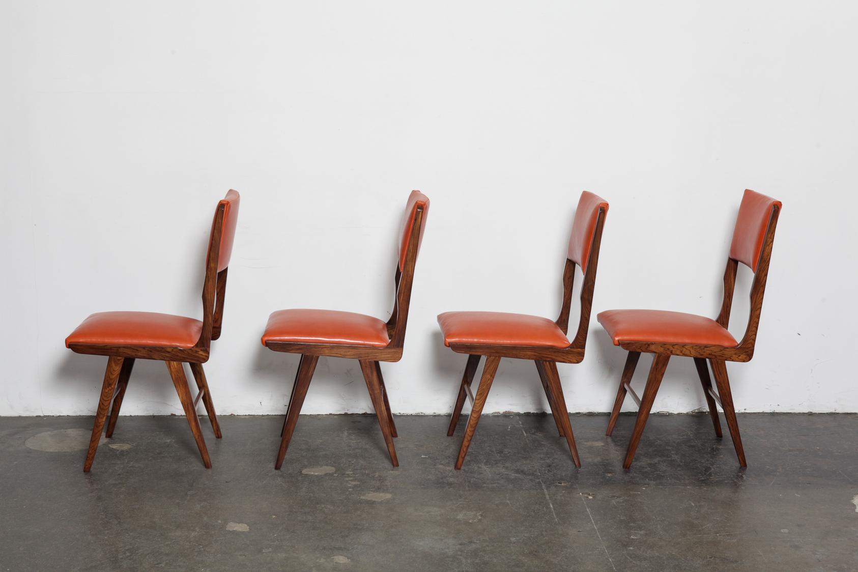 Mid-Century Modern Set of 8 Brazilian Solid Rosewood Tall Back Dining Chairs in Leather