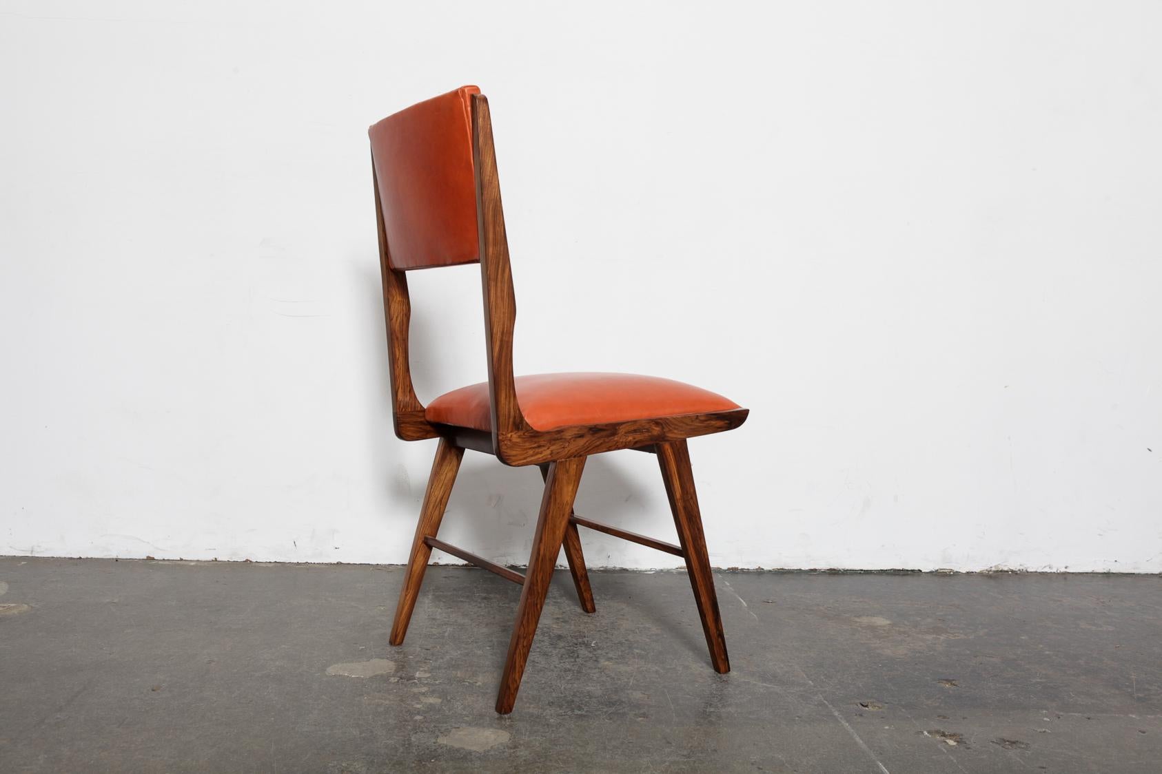 Mid-20th Century Set of 8 Brazilian Solid Rosewood Tall Back Dining Chairs in Leather