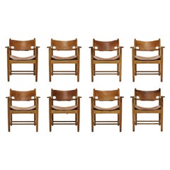 Set of 8 Børge Mogensen "Hunting Chairs" in Oak and Patinated Saddle Leather