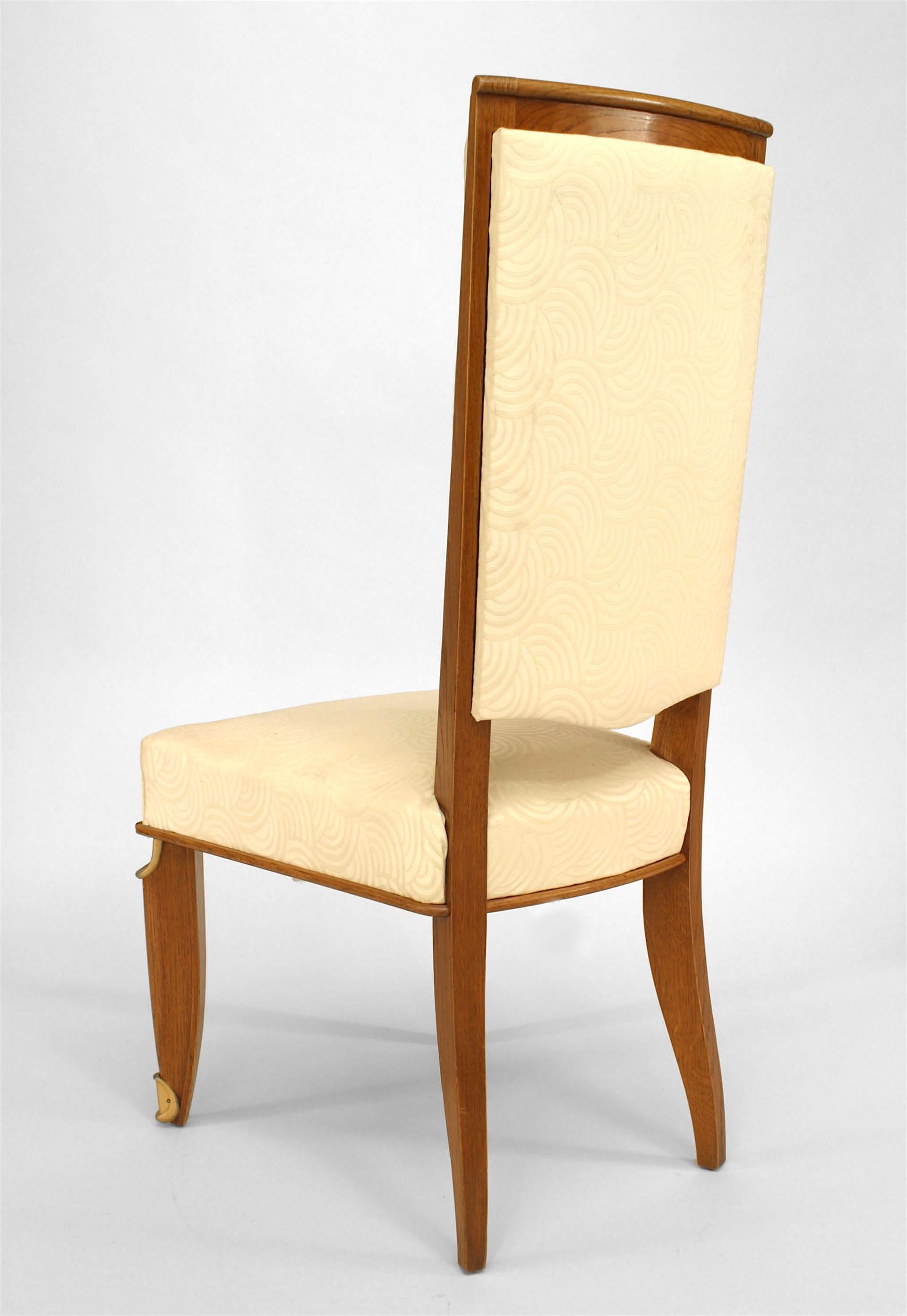 Set of 8 French Mid-Century Oak & Silk Dining Chairs For Sale 5
