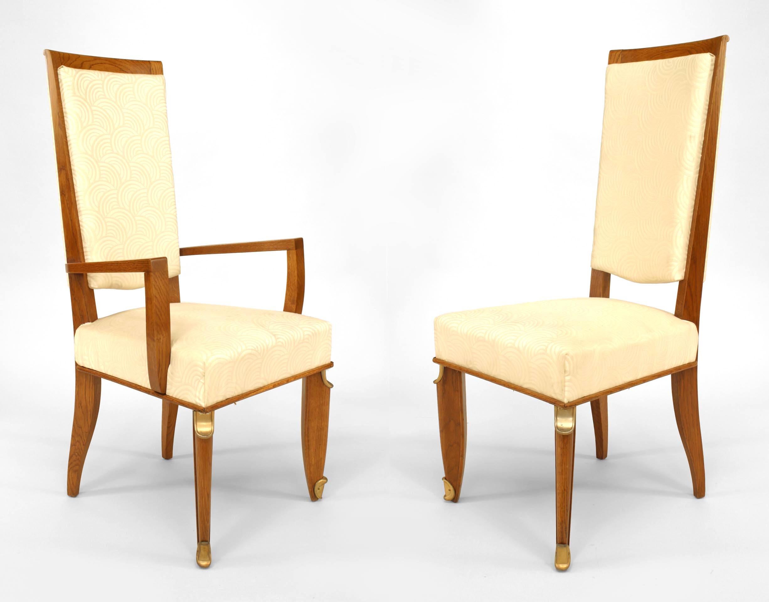 Set of 8 French 1940s bronze mounted oak high back dining chairs upholstered in white silk (att: MAURICE JALLOT) (2 arm chairs: 21¬æ