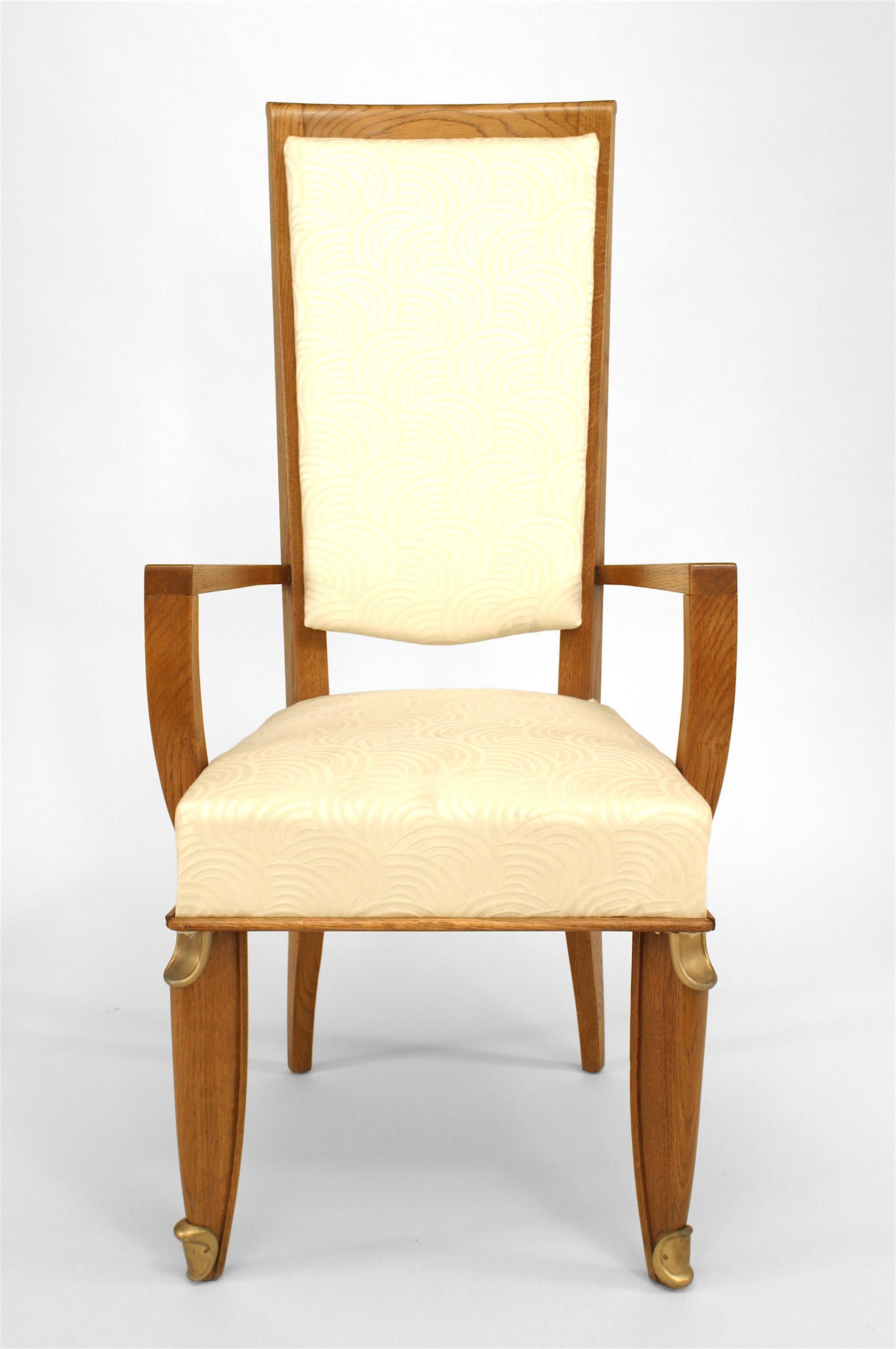 Mid-Century Modern Set of 8 French Mid-Century Oak & Silk Dining Chairs For Sale