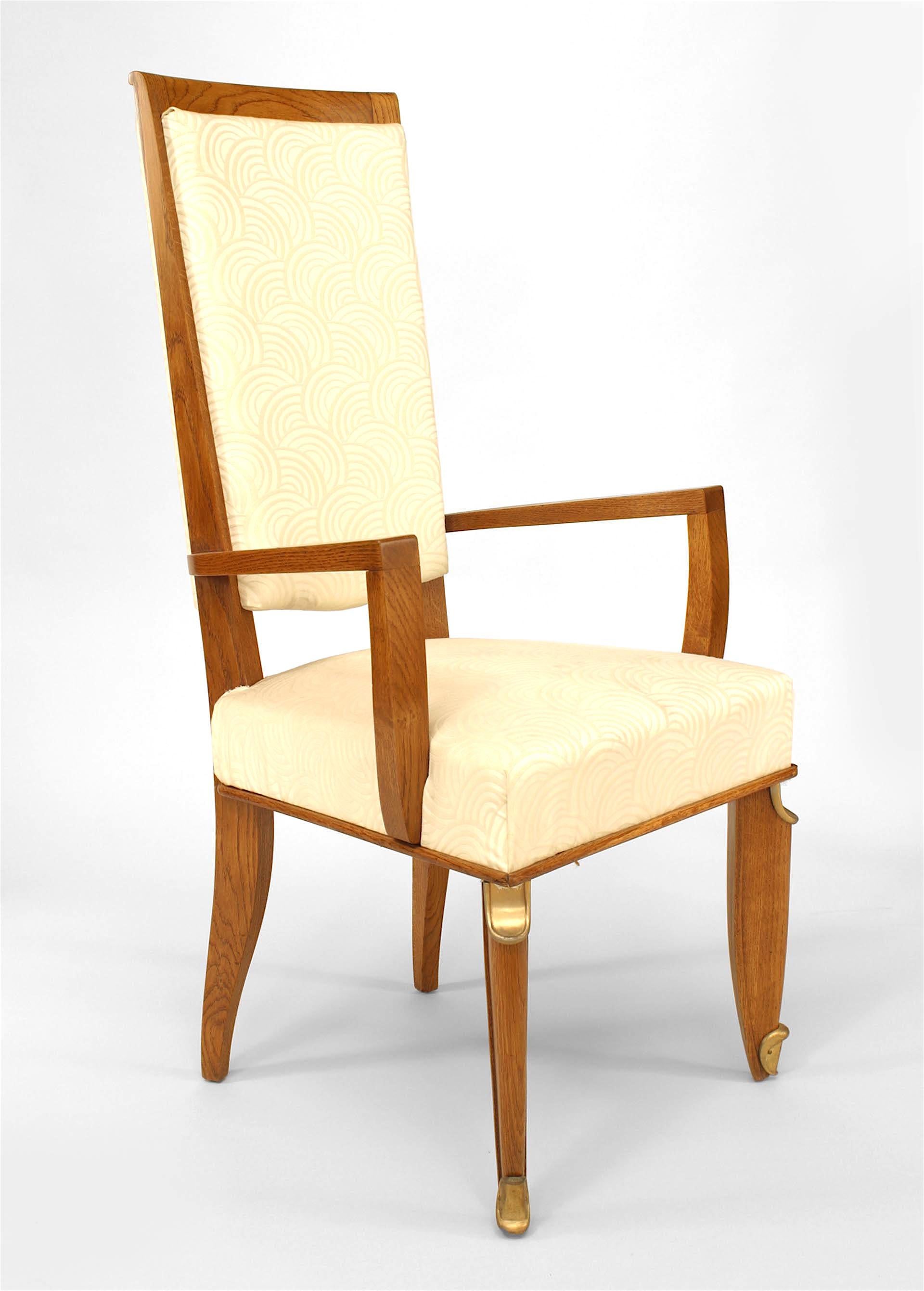 Set of 8 French Mid-Century Oak & Silk Dining Chairs In Good Condition For Sale In New York, NY