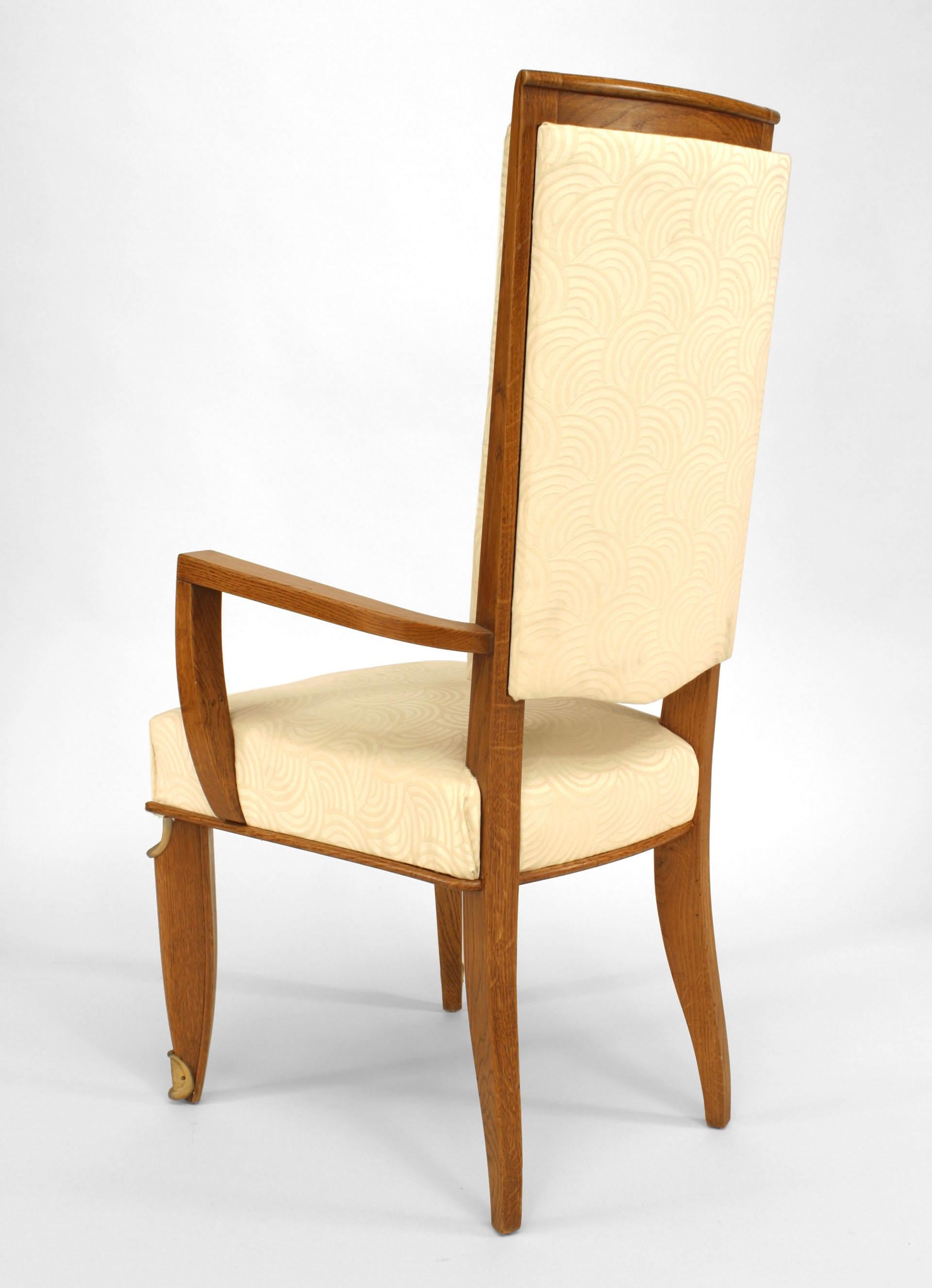 Set of 8 French Mid-Century Oak & Silk Dining Chairs For Sale 1