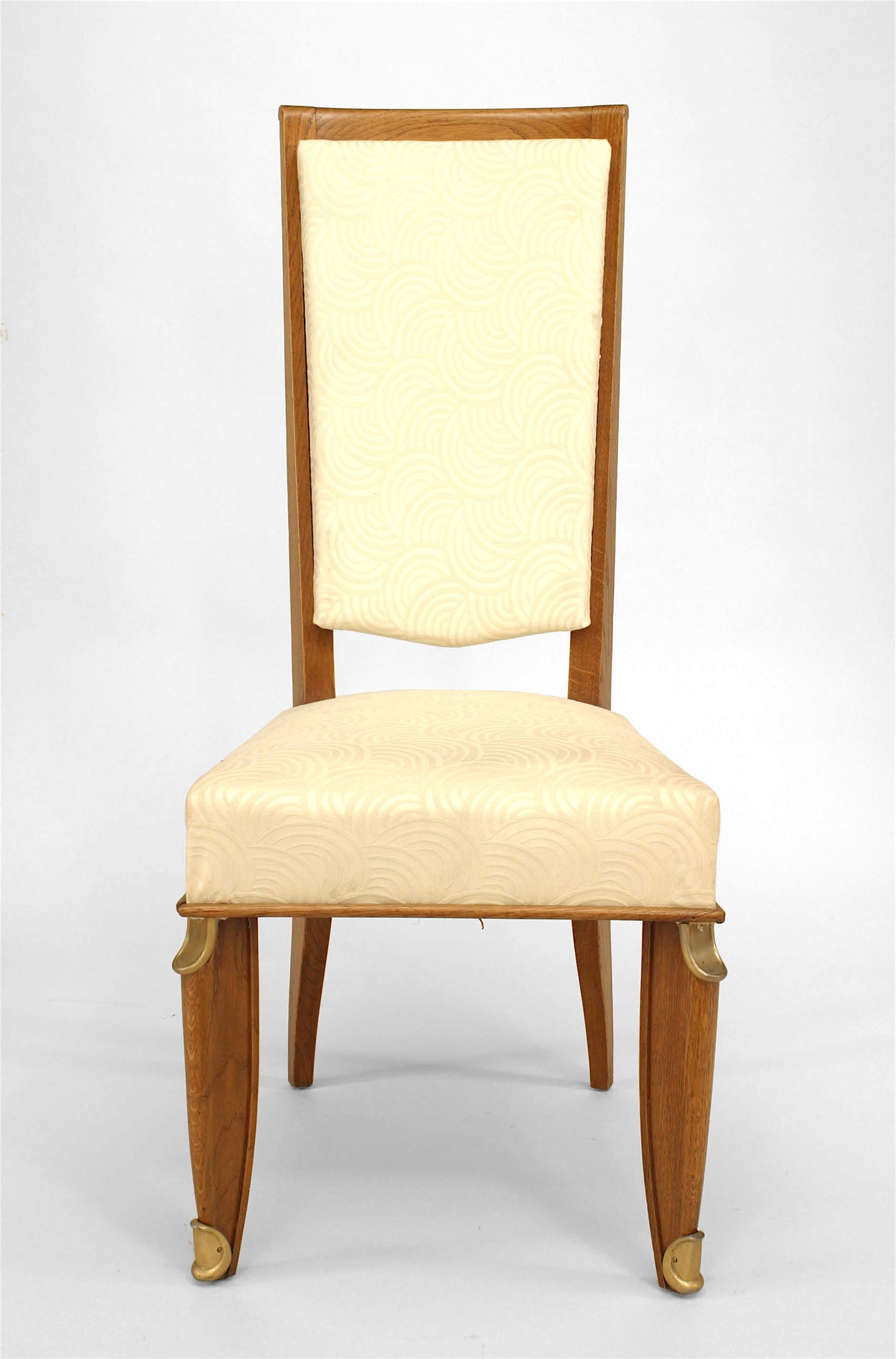 Set of 8 French Mid-Century Oak & Silk Dining Chairs For Sale 2