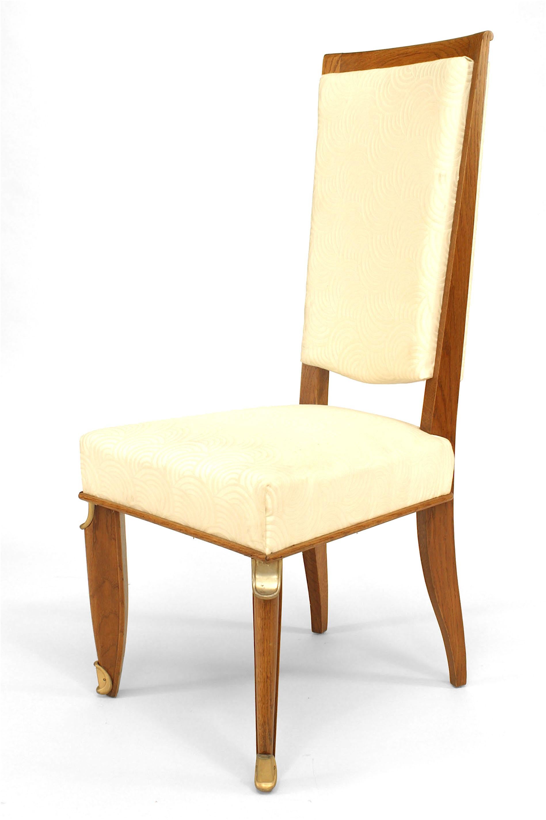 Set of 8 French Mid-Century Oak & Silk Dining Chairs For Sale 3