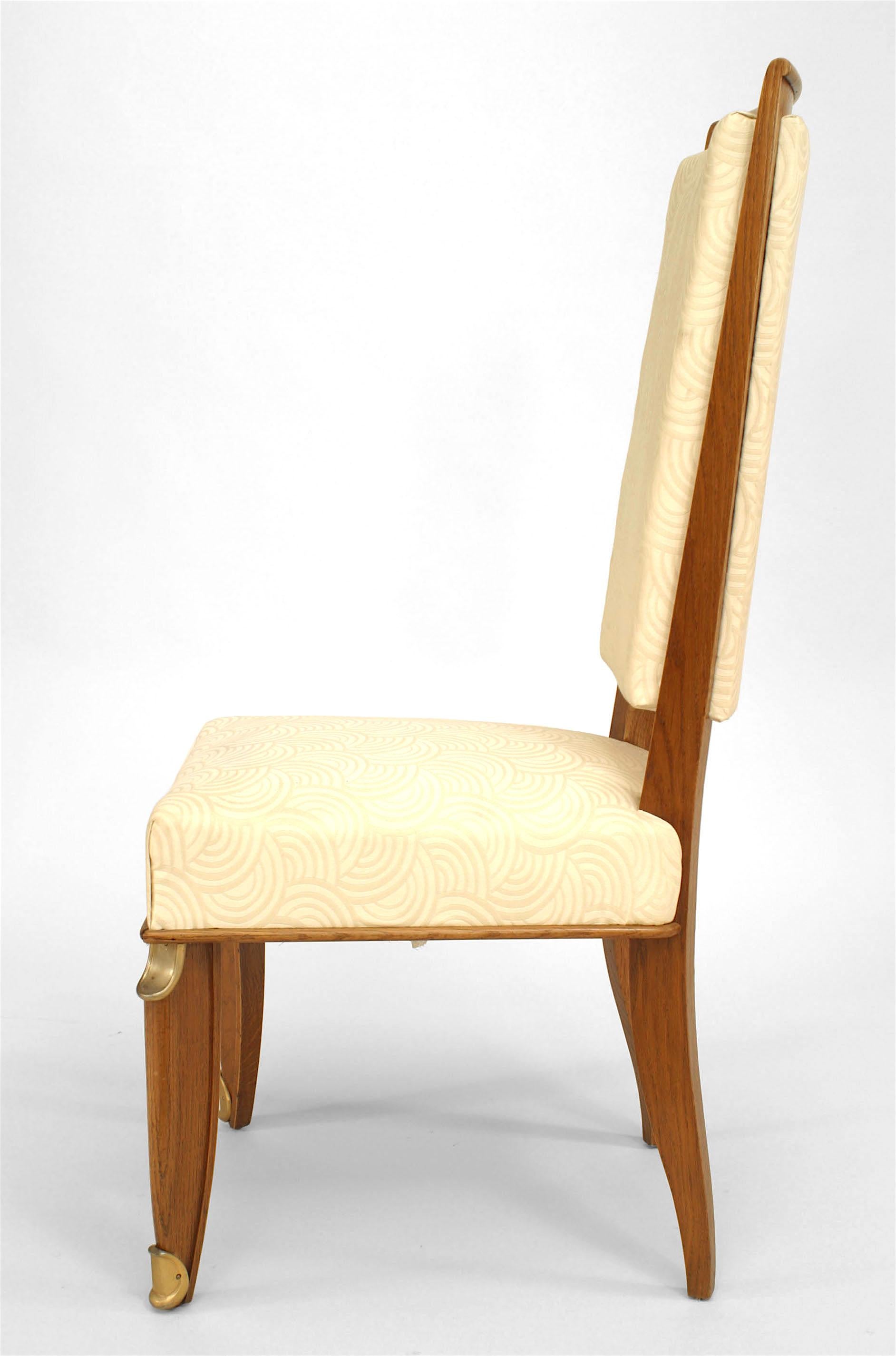 Set of 8 French Mid-Century Oak & Silk Dining Chairs For Sale 4